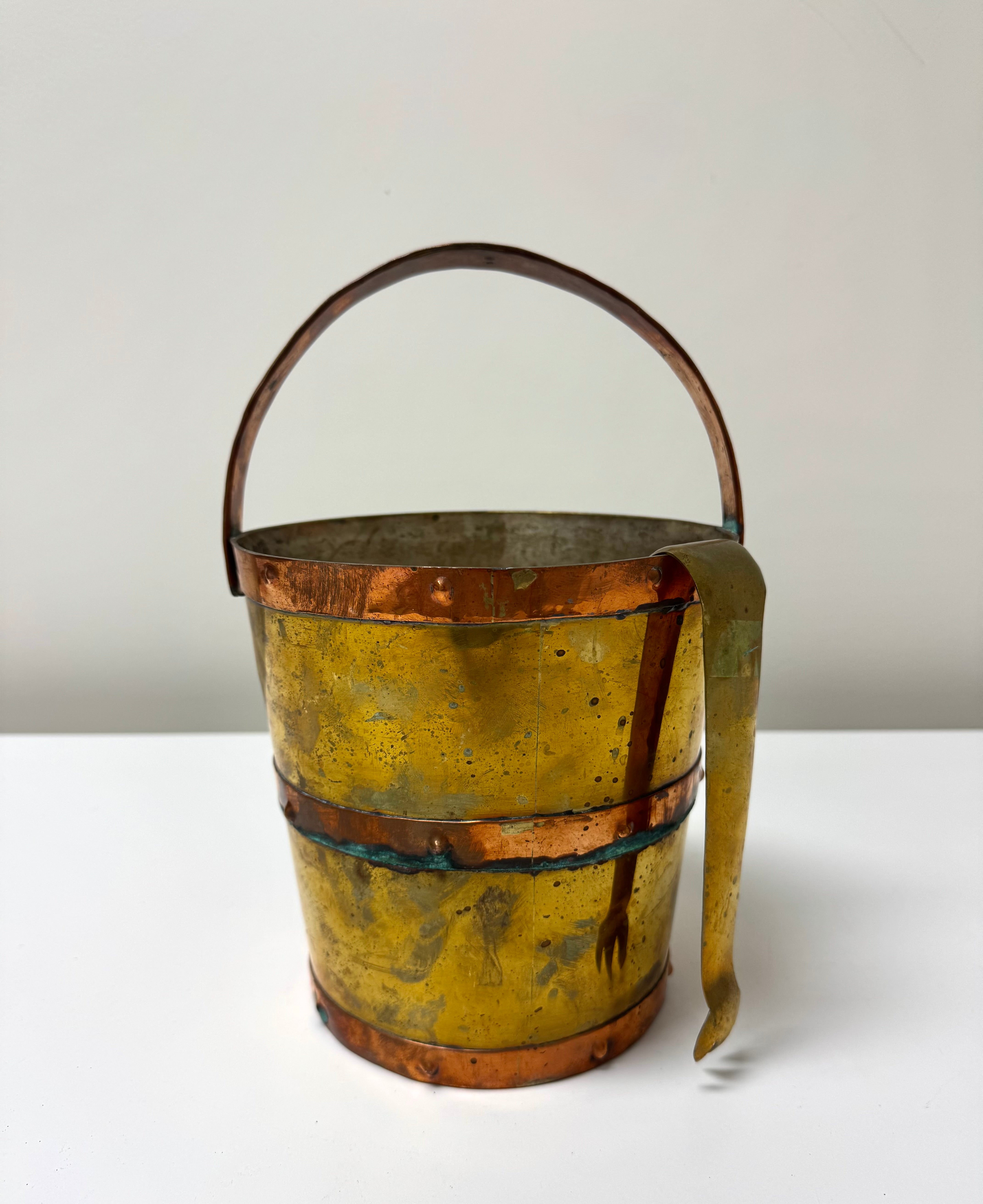 Vintage Copper & Brass Bucket with Tongs