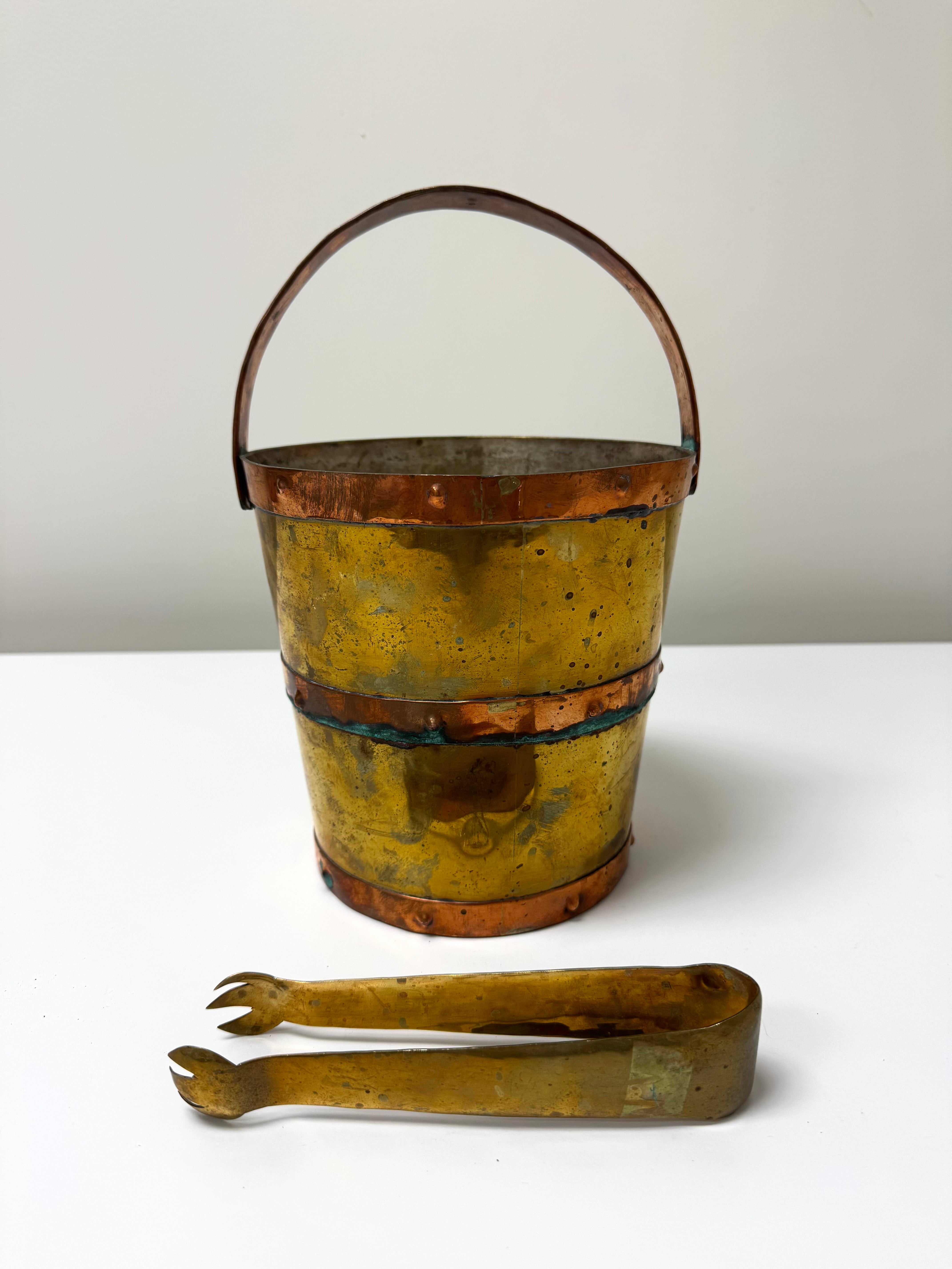 Vintage Copper & Brass Bucket with Tongs