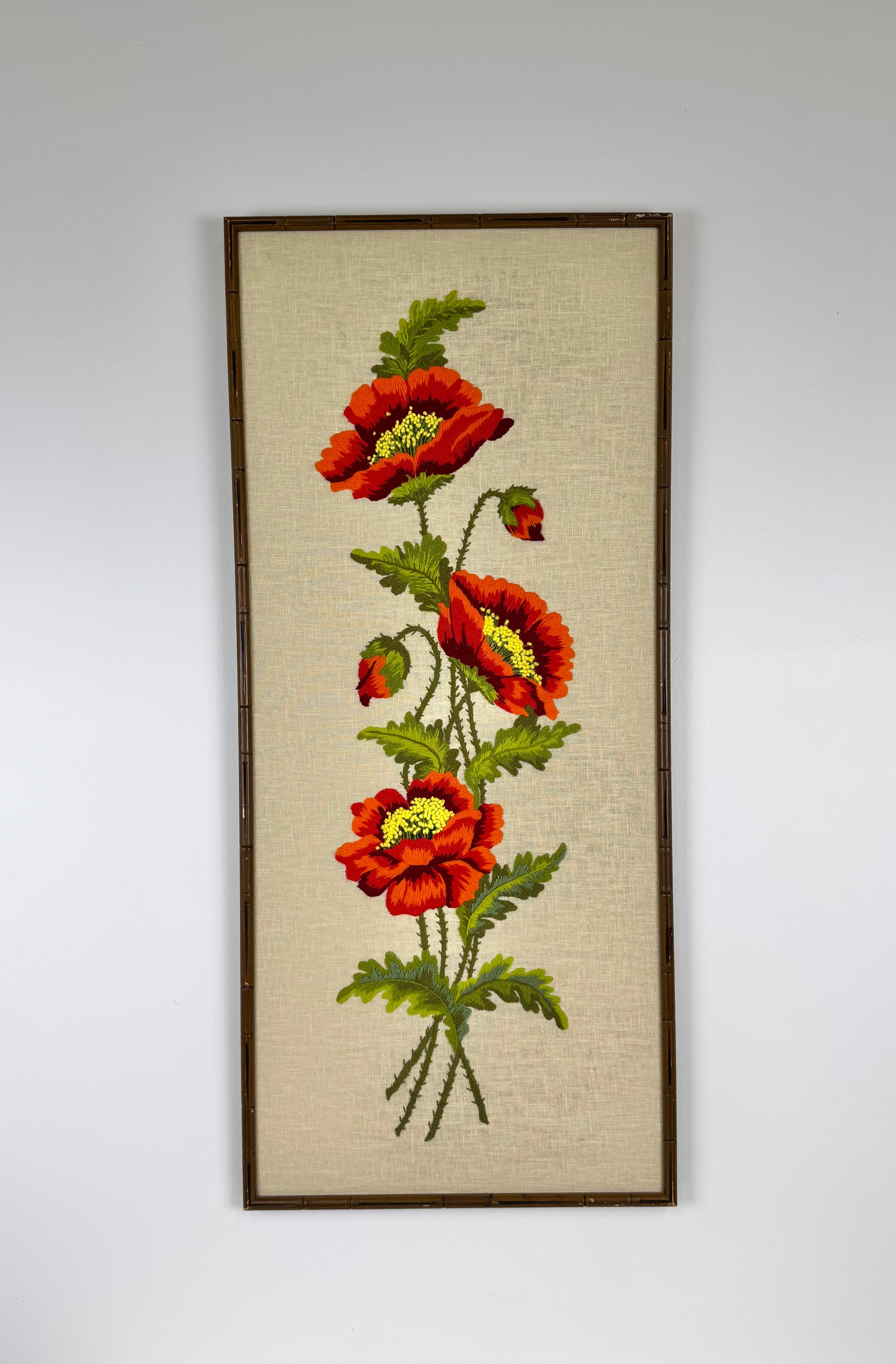 Vintage Mid-century 'Poppies' Crewel Wall Art