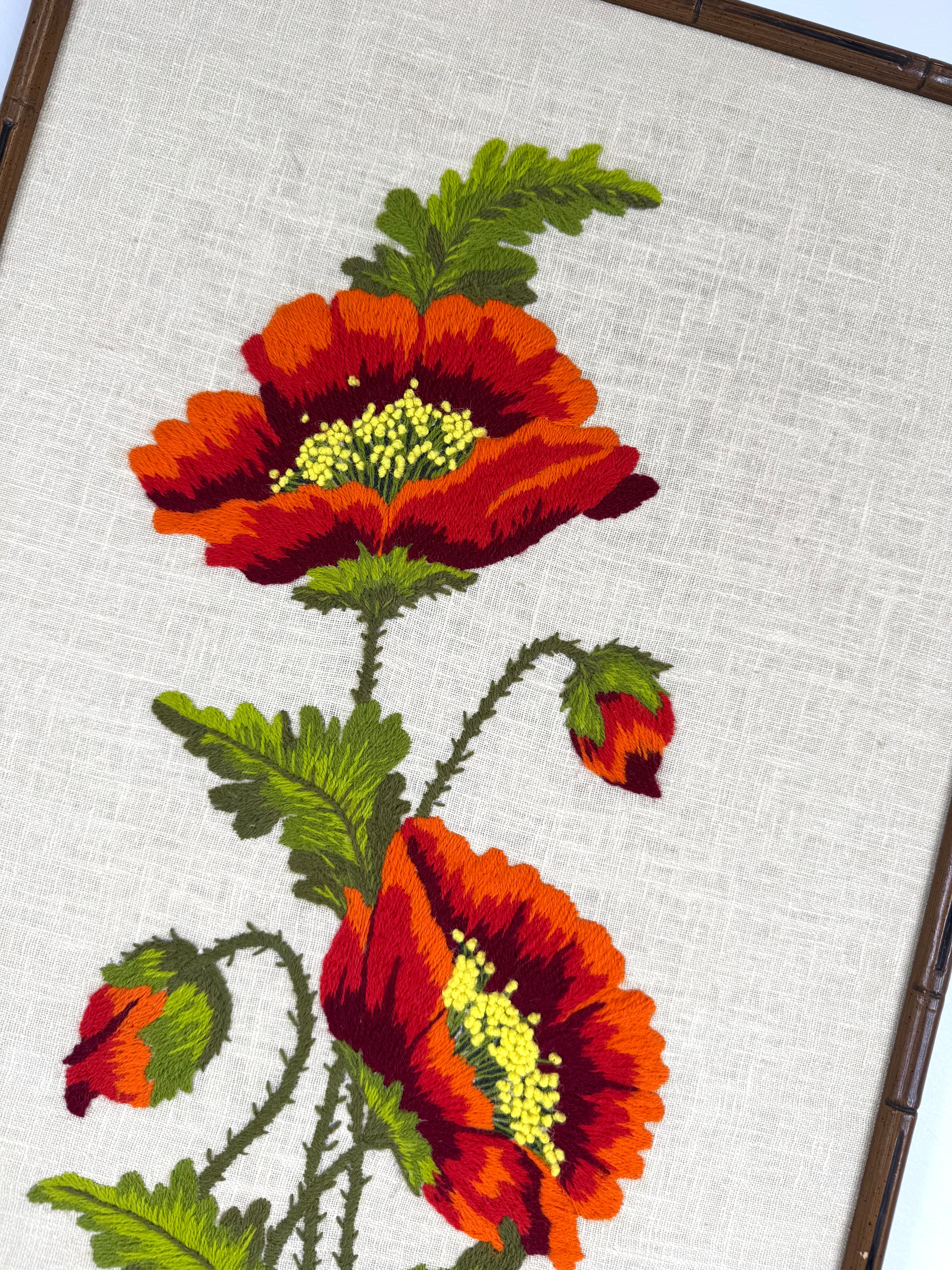 Vintage Mid-century 'Poppies' Crewel Wall Art