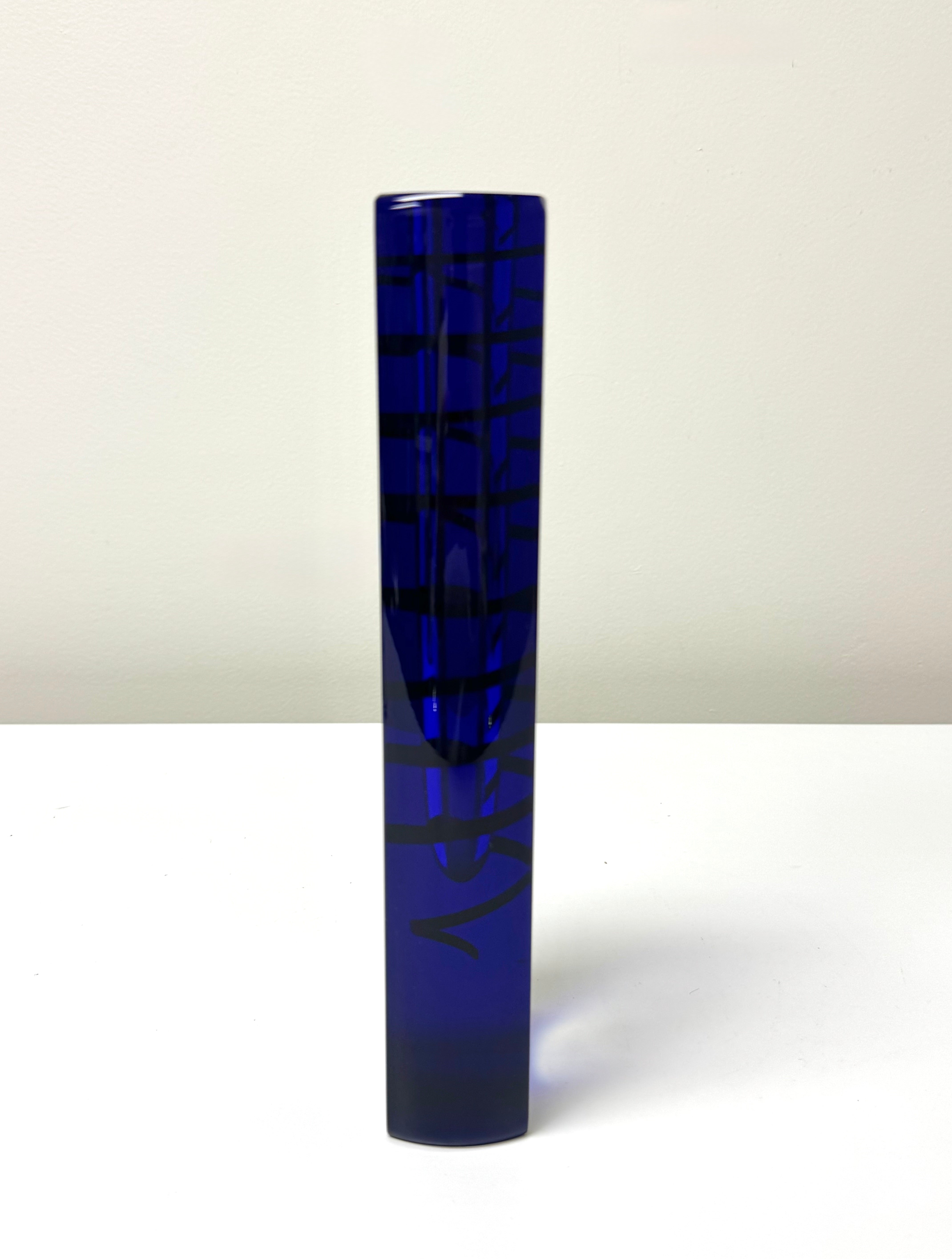 Deep Blue Art Glass Vase with Yellow Swirl (Signed)