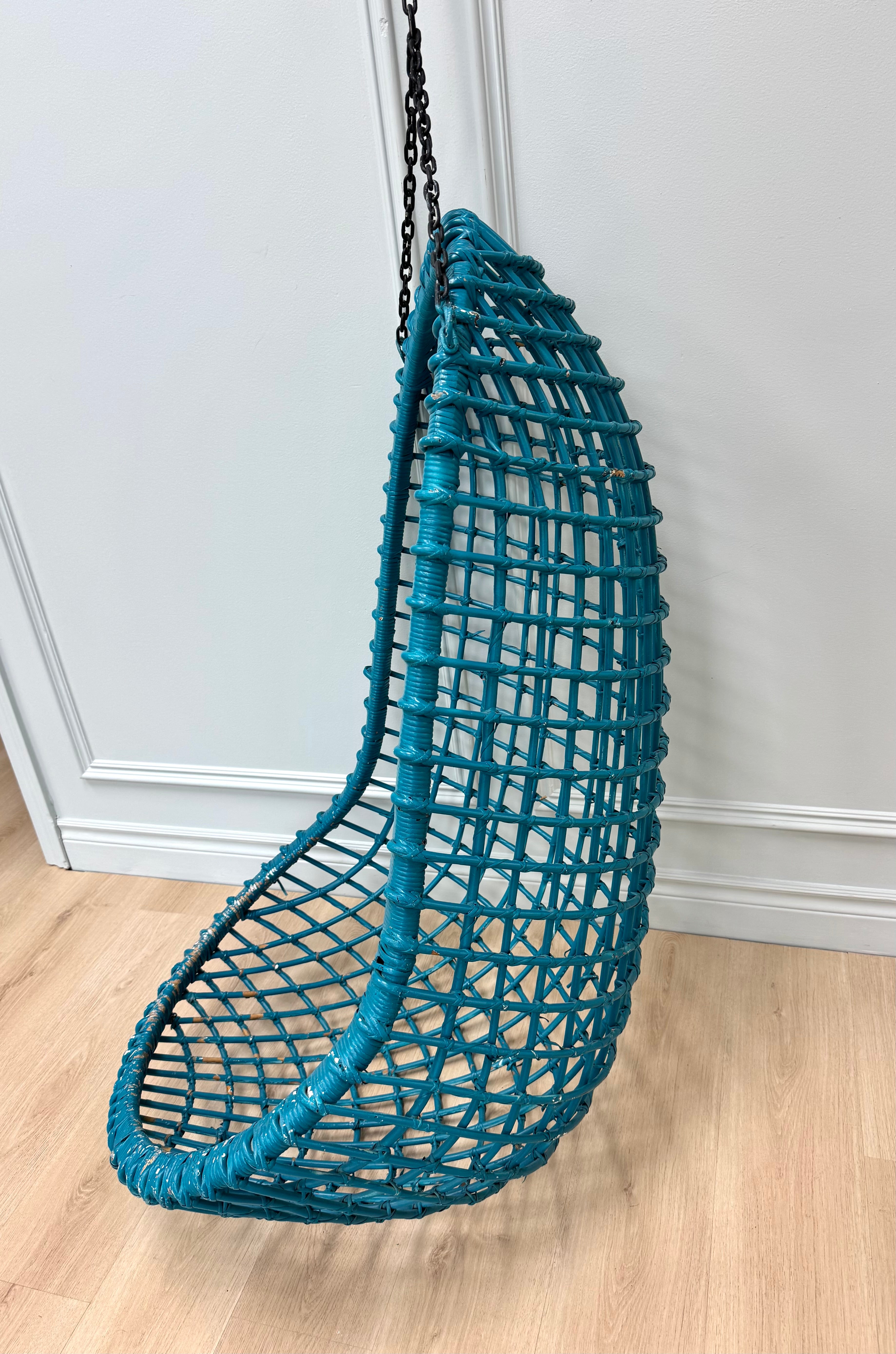 Vintage Teal Blue Rattan Hanging Egg Chair