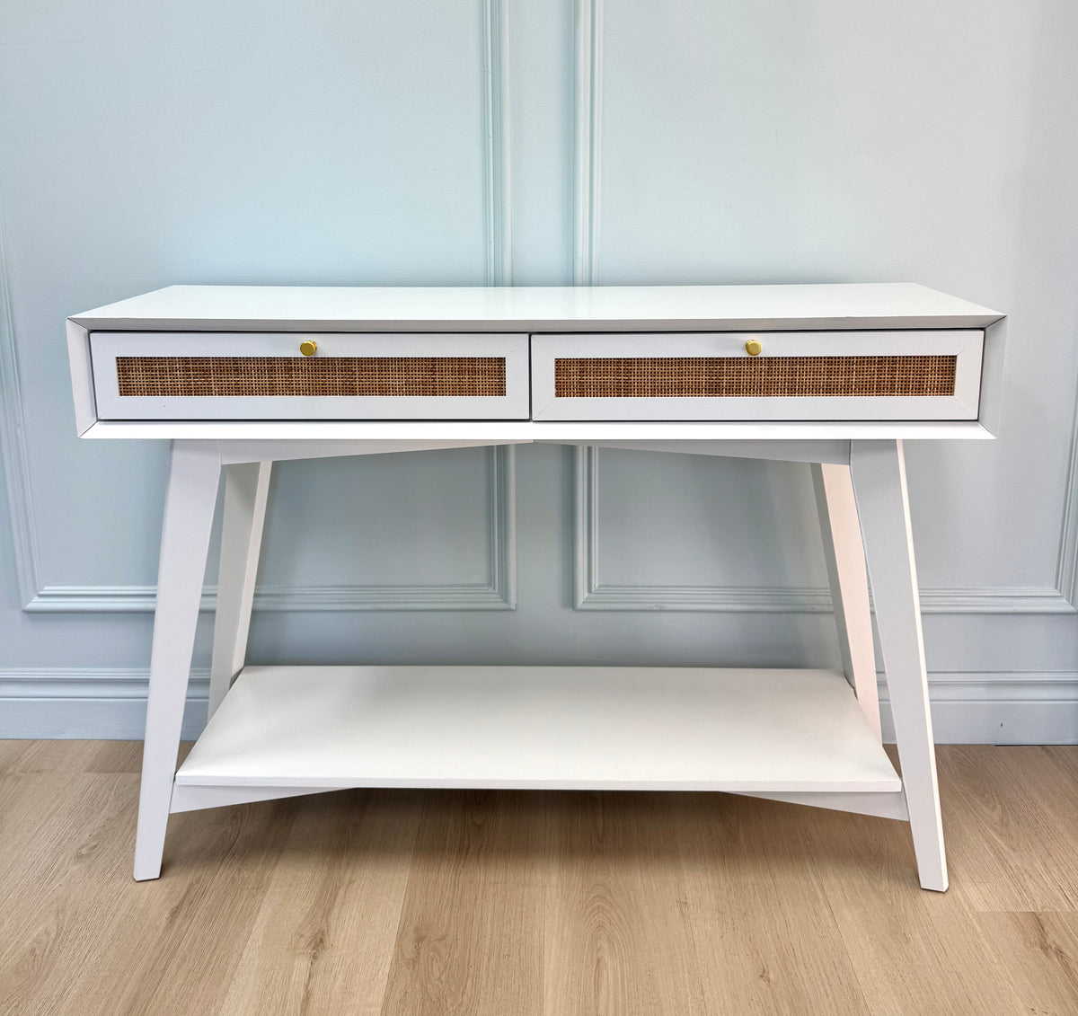 White & Rattan Console Table