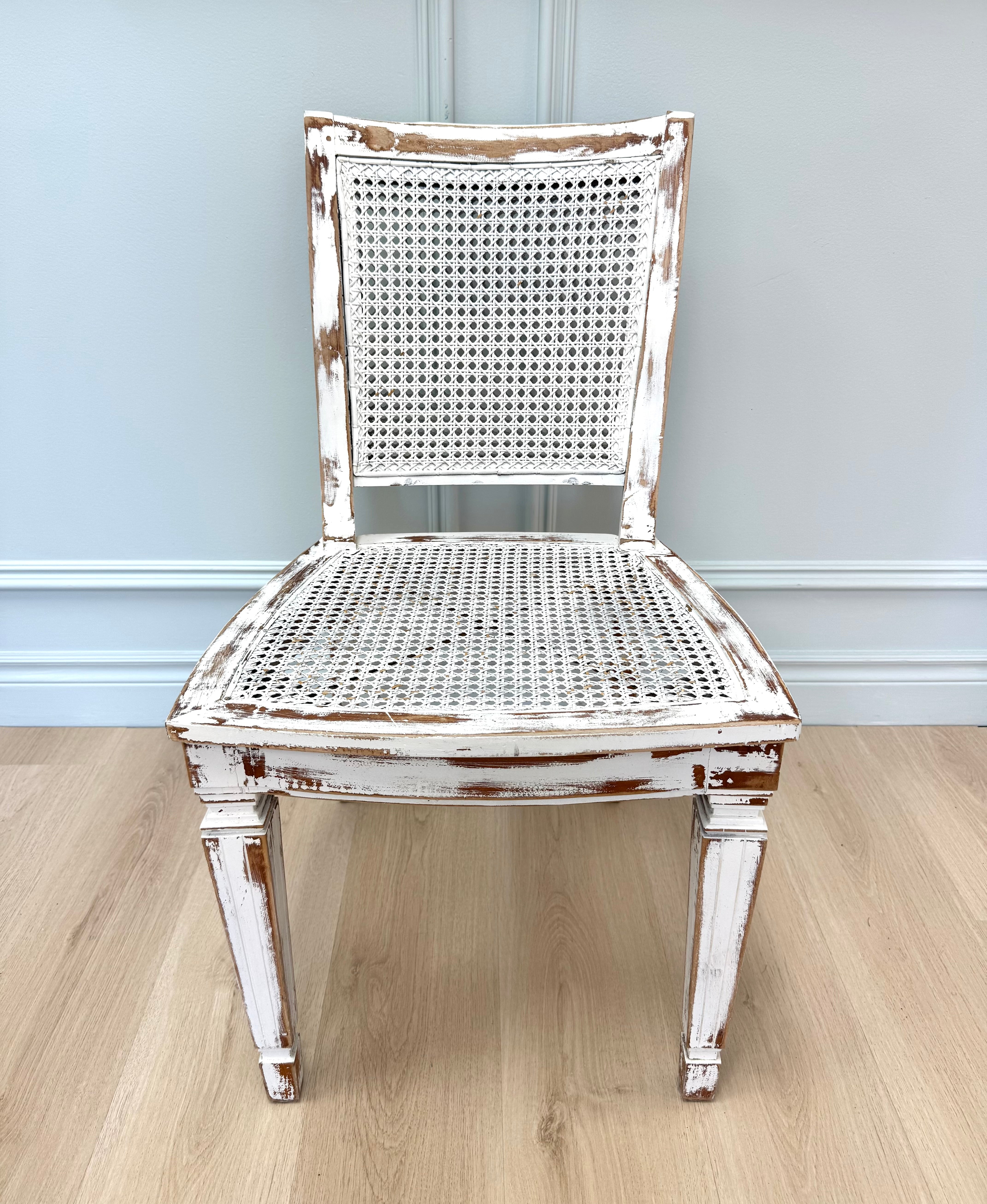French Vintage Distressed White Cane Chair