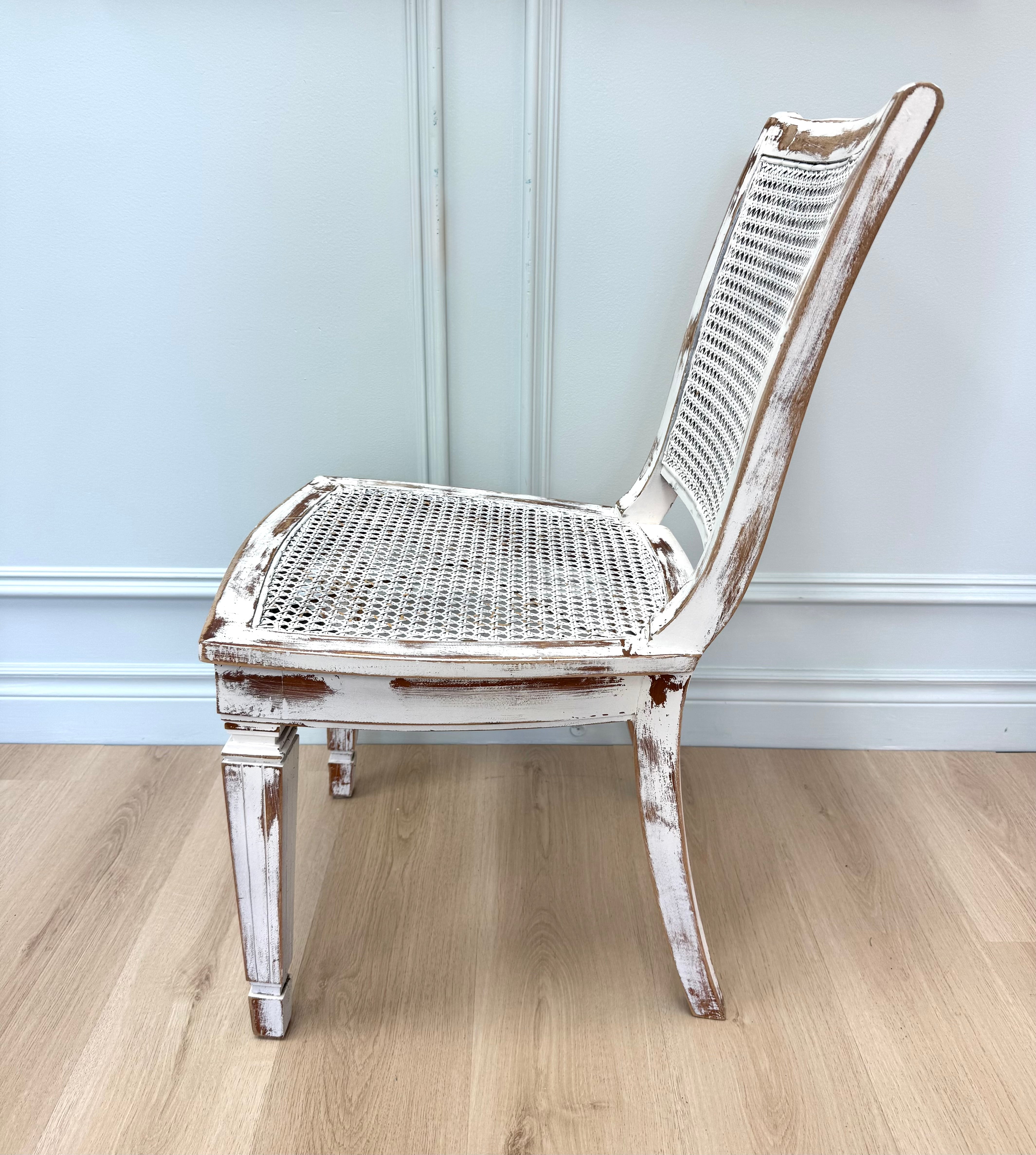 French Vintage Distressed White Cane Chair