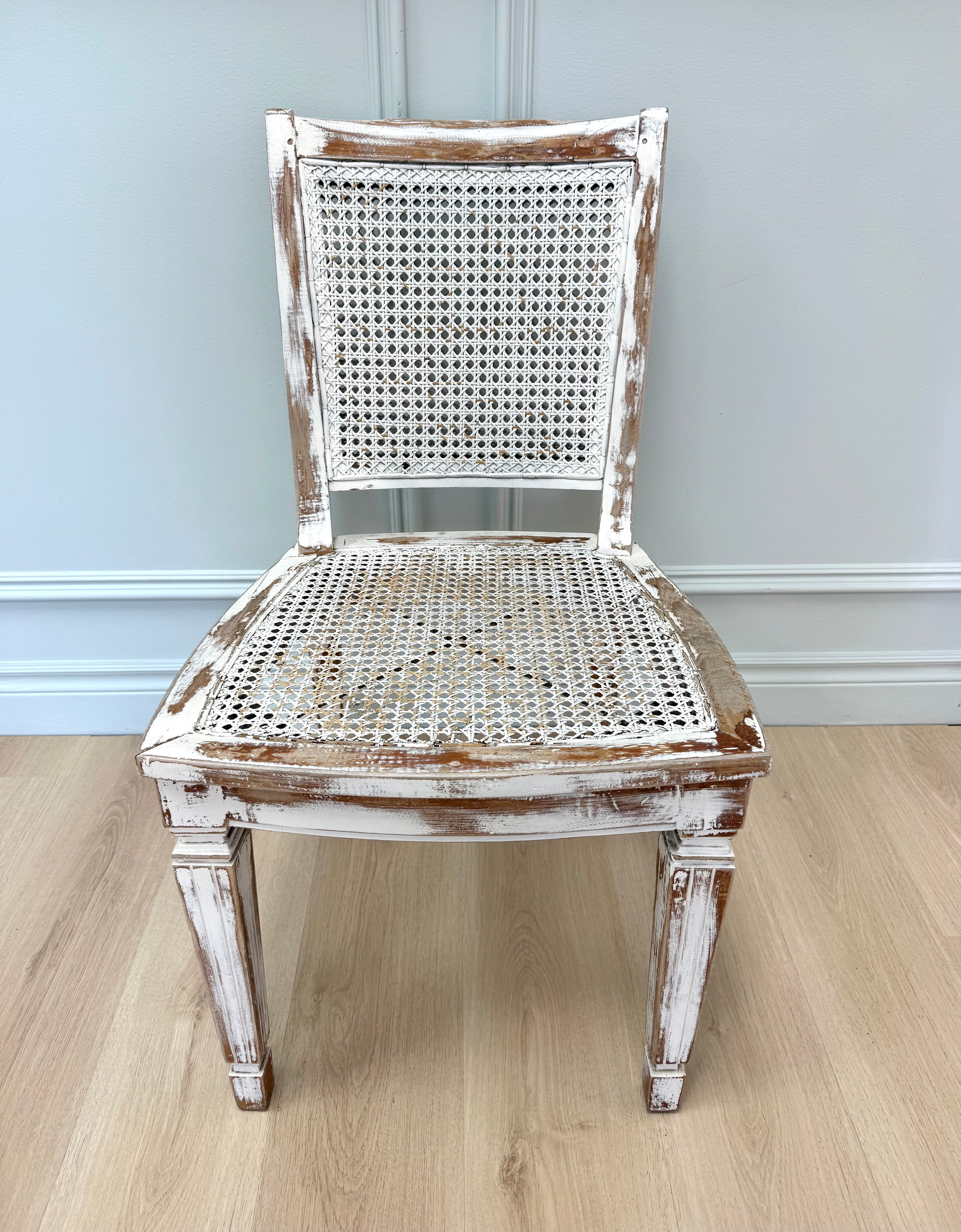 French Vintage Distressed White Cane Chair