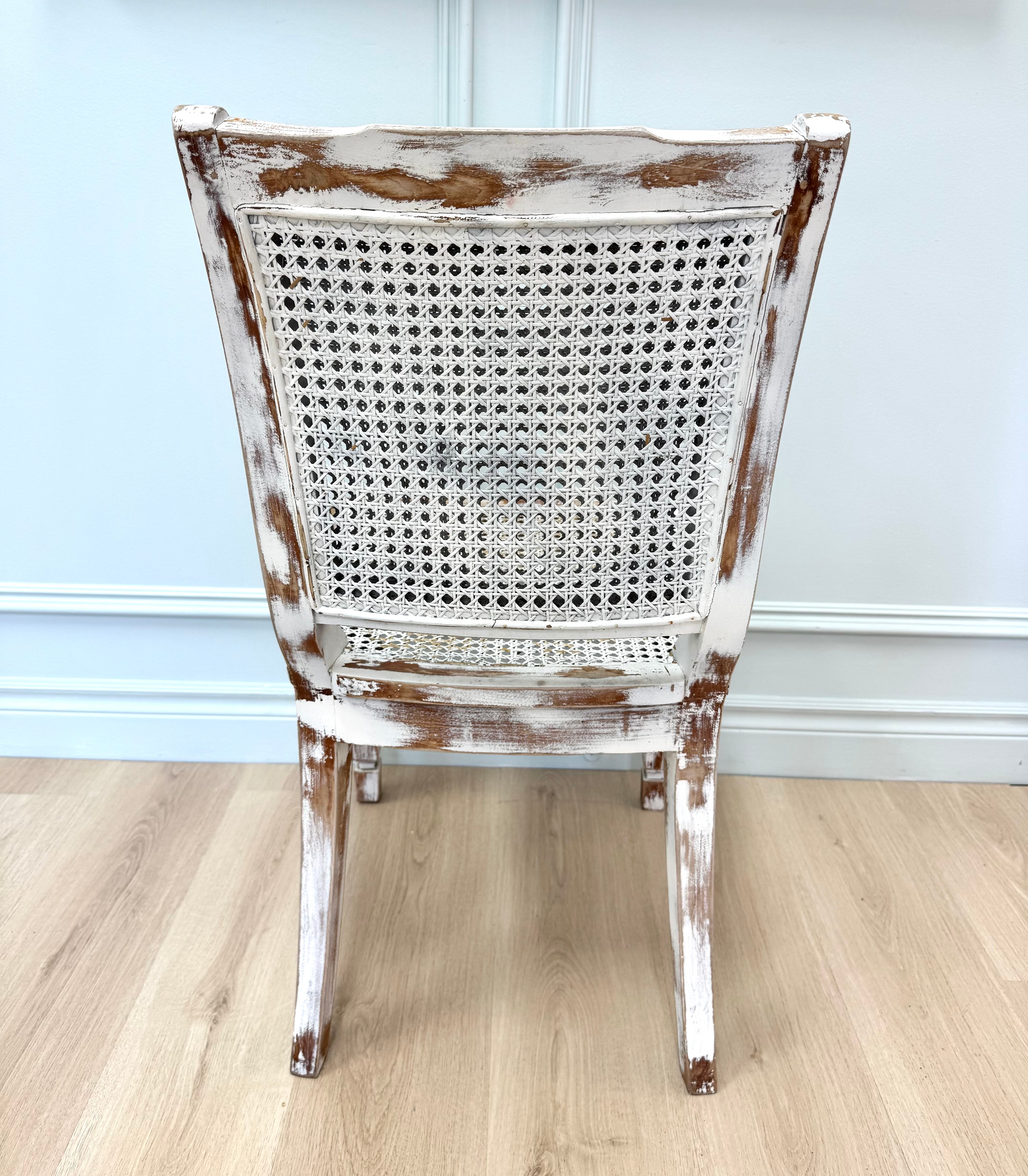 French Vintage Distressed White Cane Chair