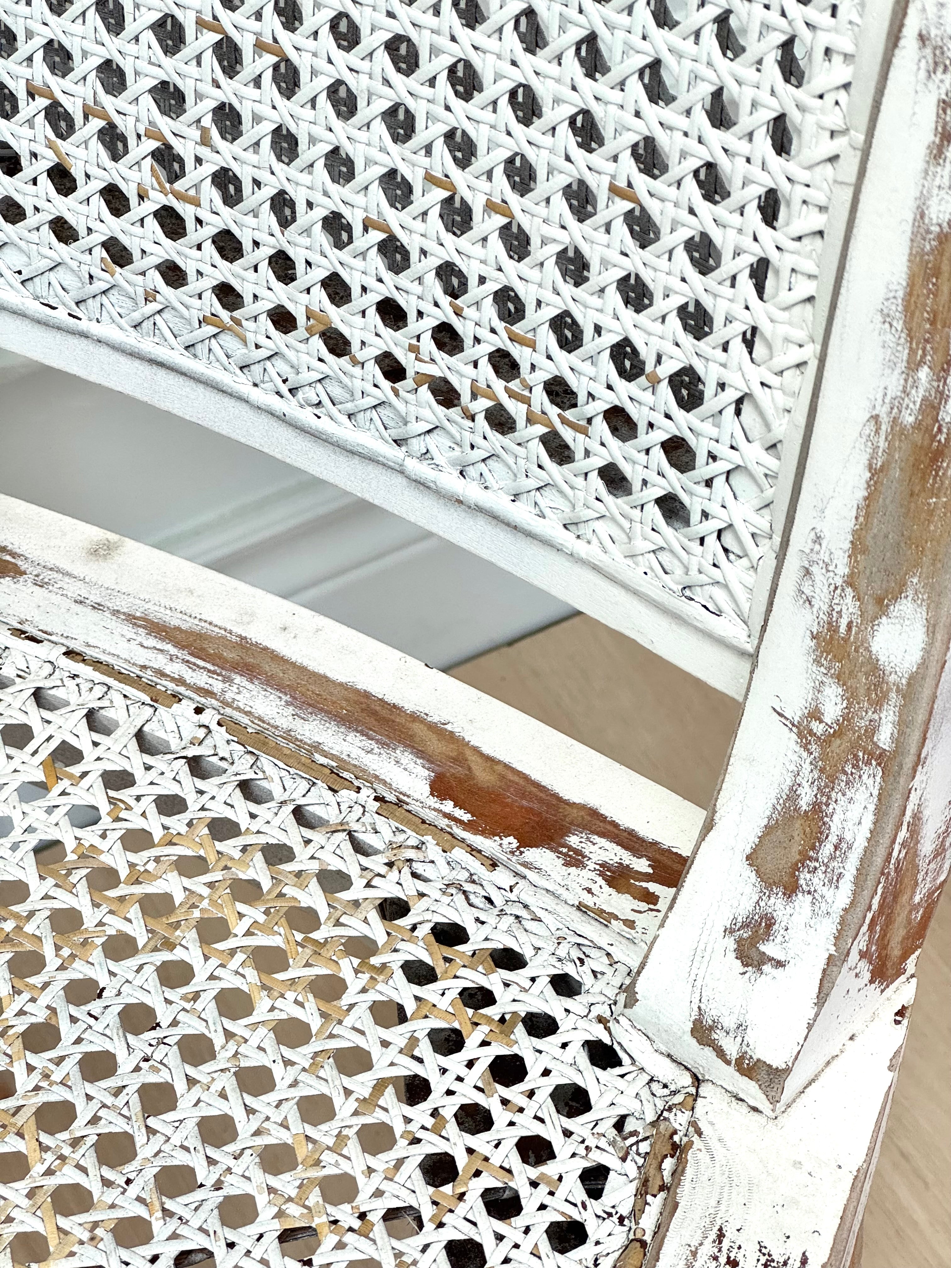 French Vintage Distressed White Cane Chair