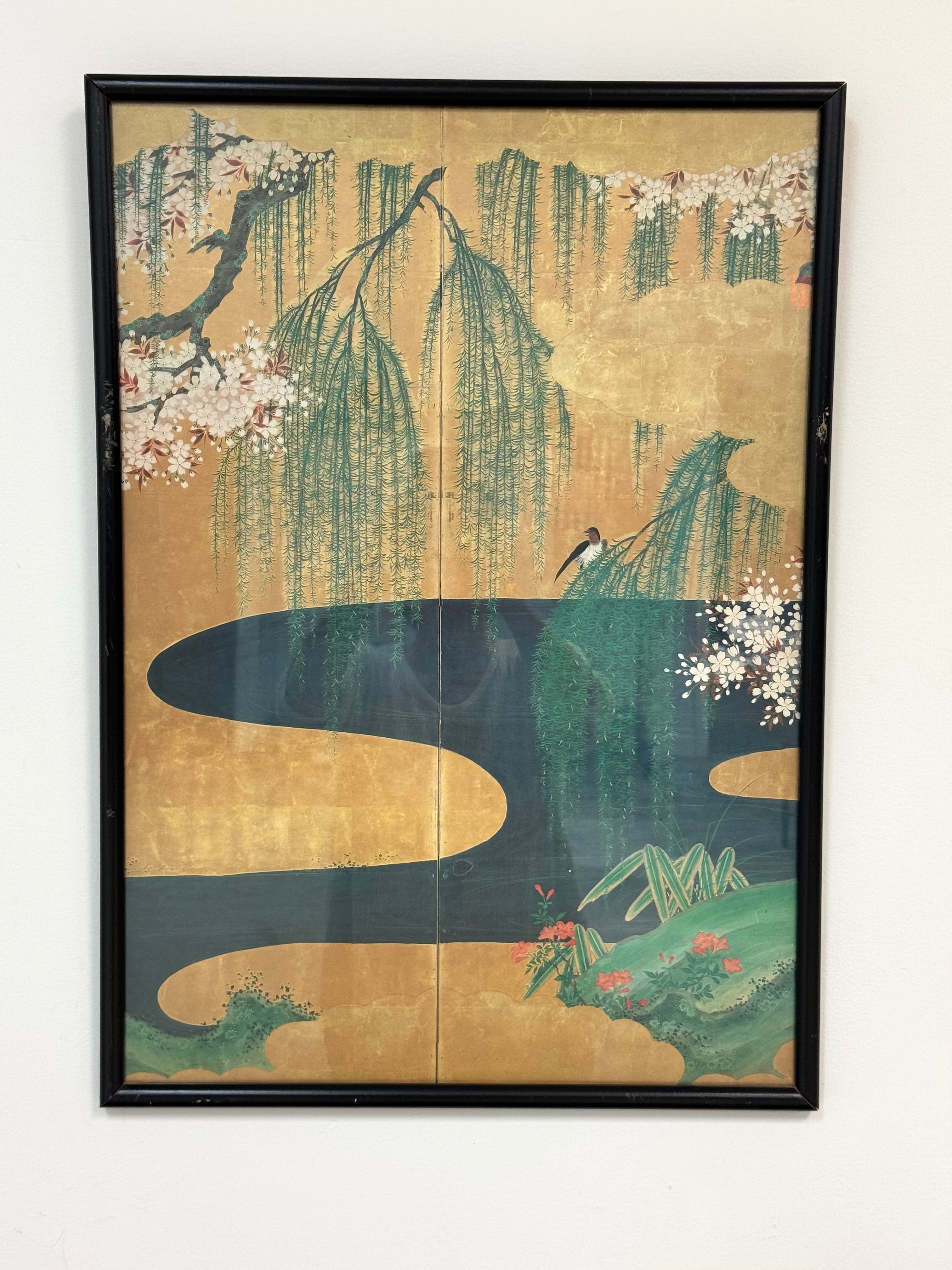 Vintage Swallow on Willow Tree Japanese Art Print