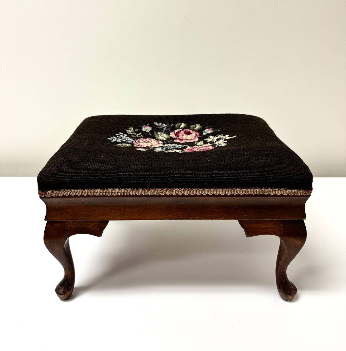 Vintage Black Floral Needlepoint Step Stool