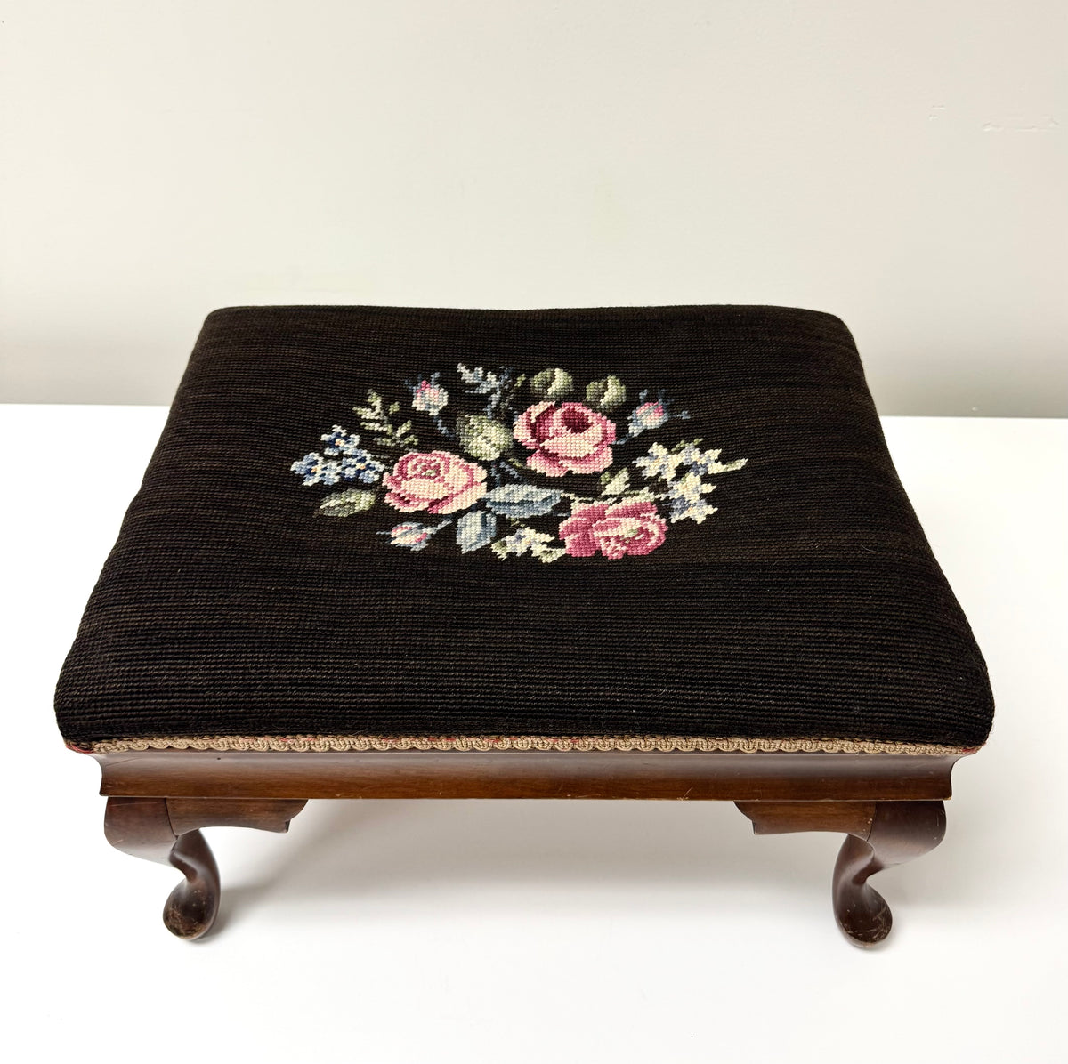 Vintage Black Floral Needlepoint Step Stool
