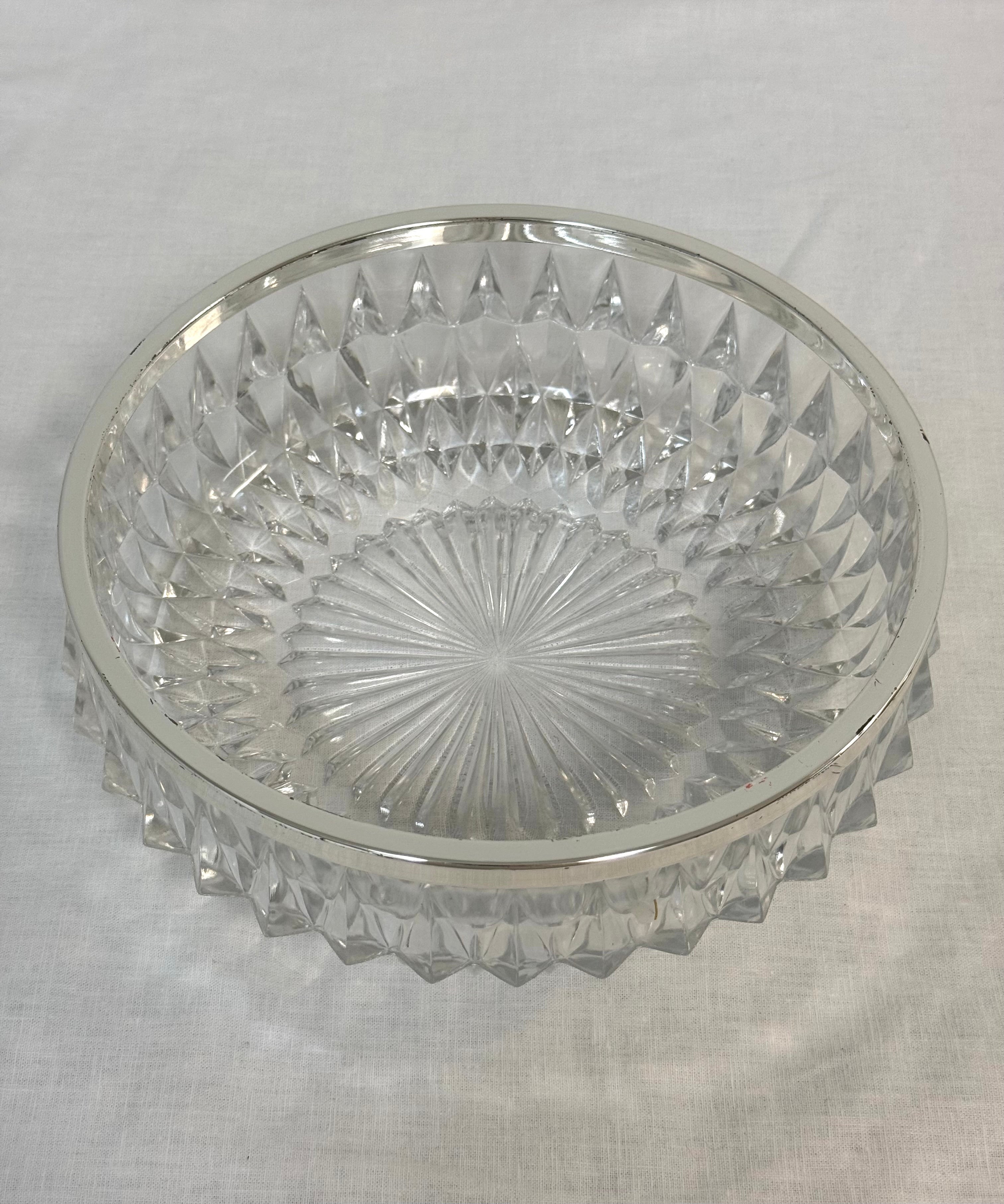 Cut Glass 9" Bowl with Silver Rim