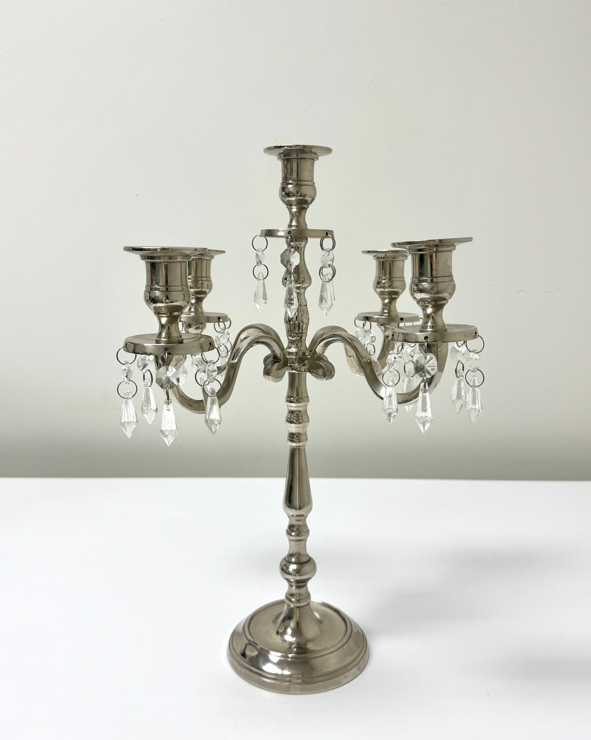 Silver Metal Candelabra with Glass Prism Drops