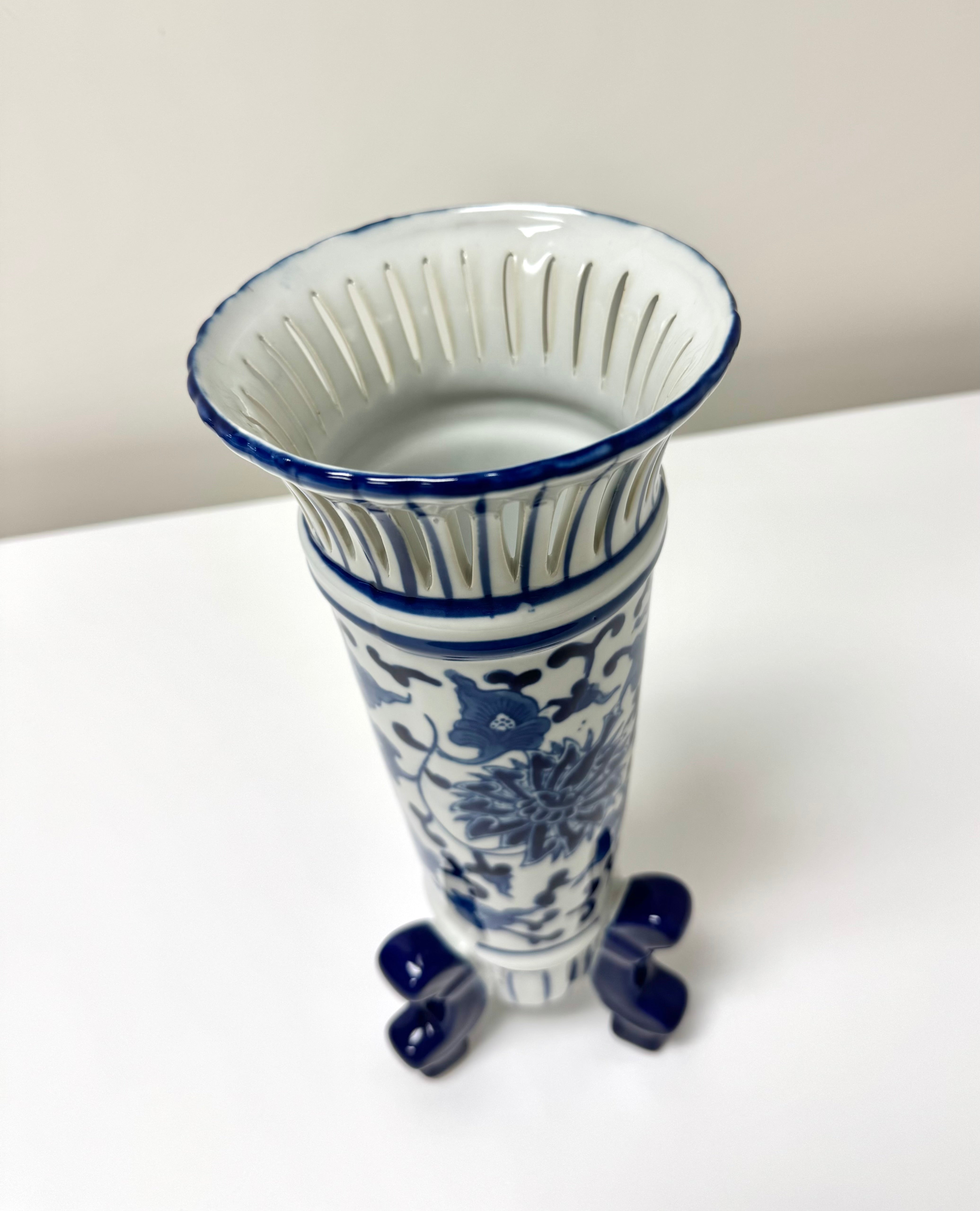 Blue & White Chinoiserie Footed Vase
