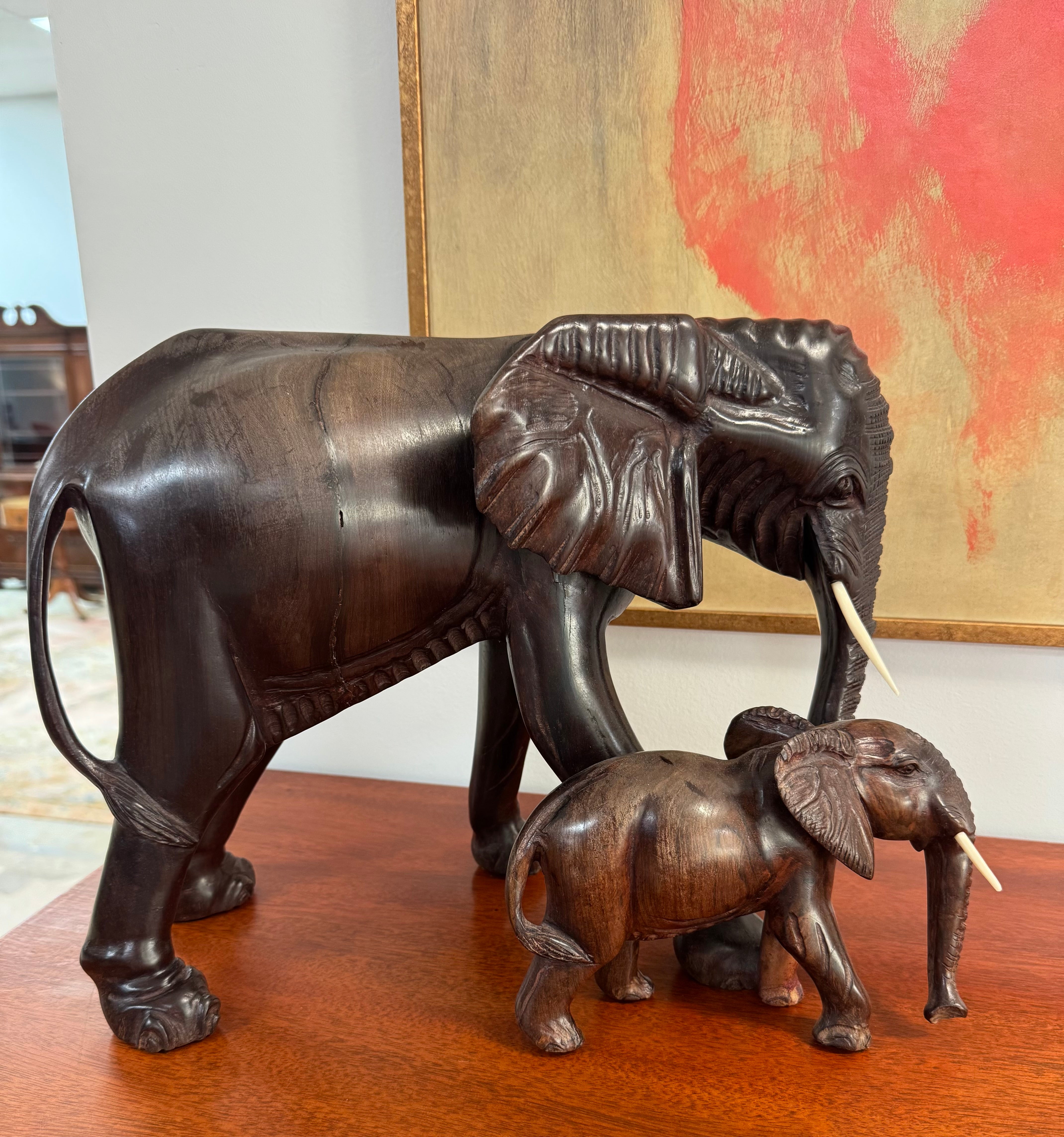 Vintage Hand-carved Mother and Calf Elephant Sculpture