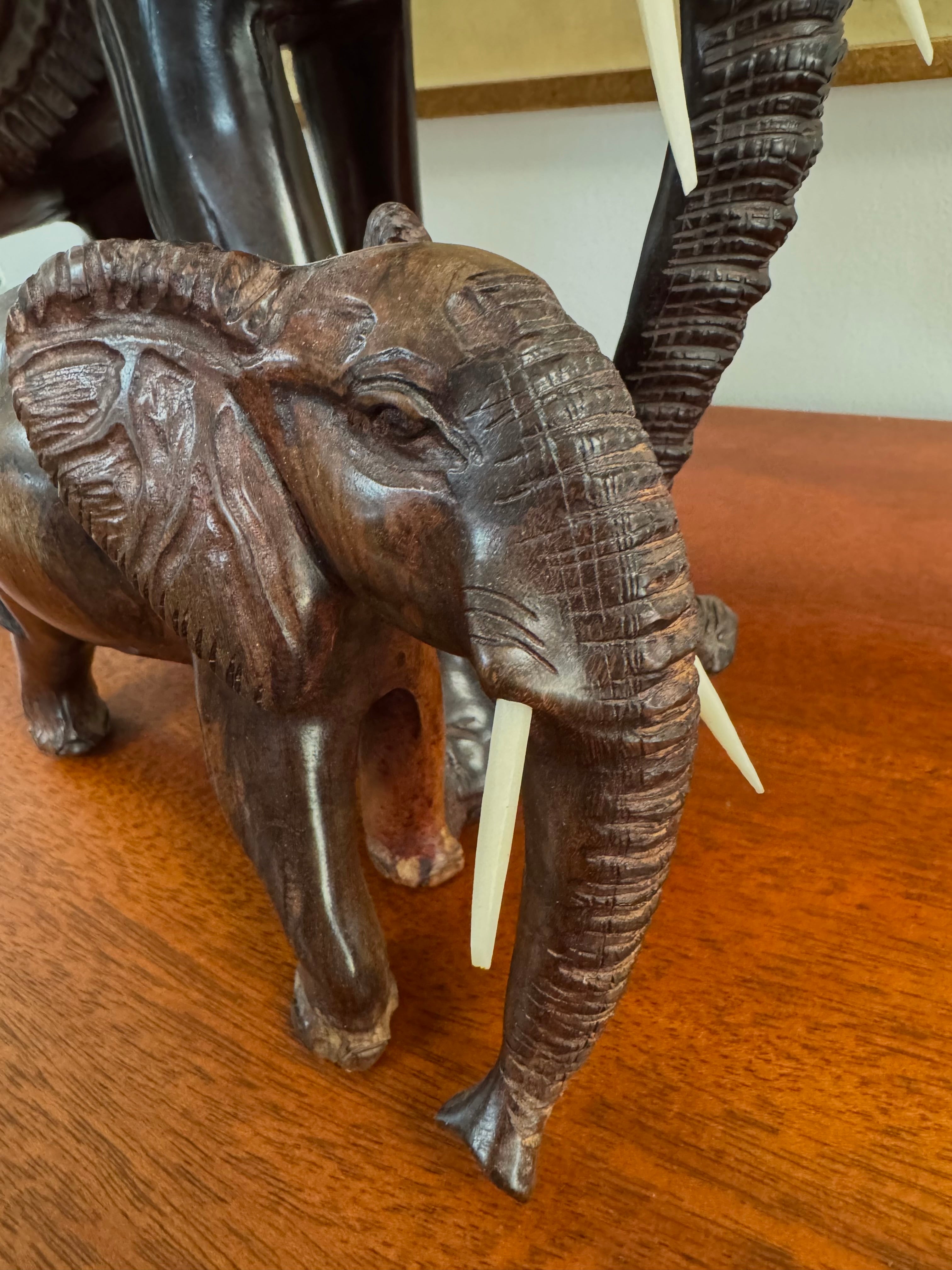 Vintage Hand-carved Mother and Calf Elephant Sculpture