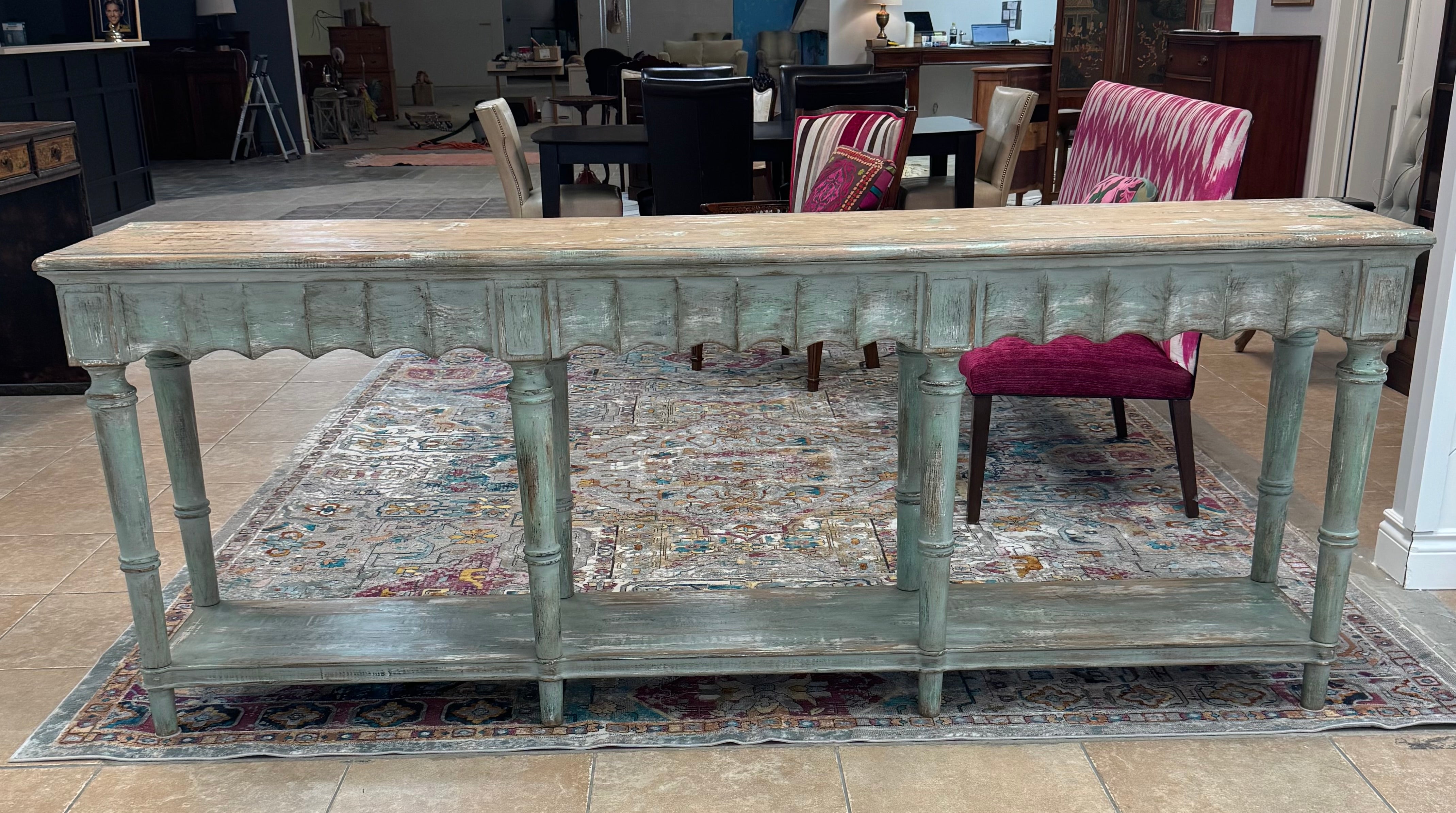 Distressed Aqua Scalloped Console