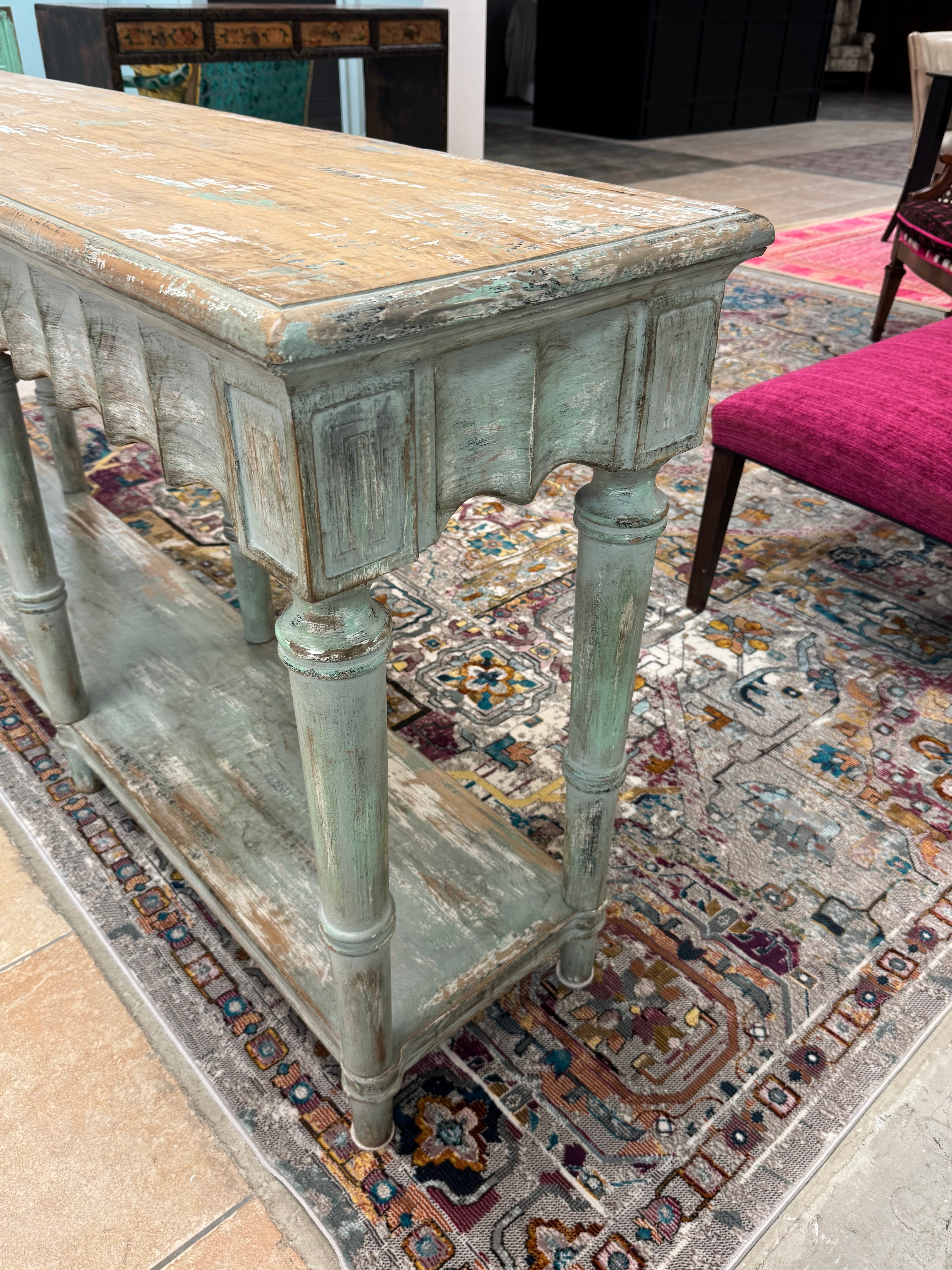 Distressed Aqua Scalloped Console