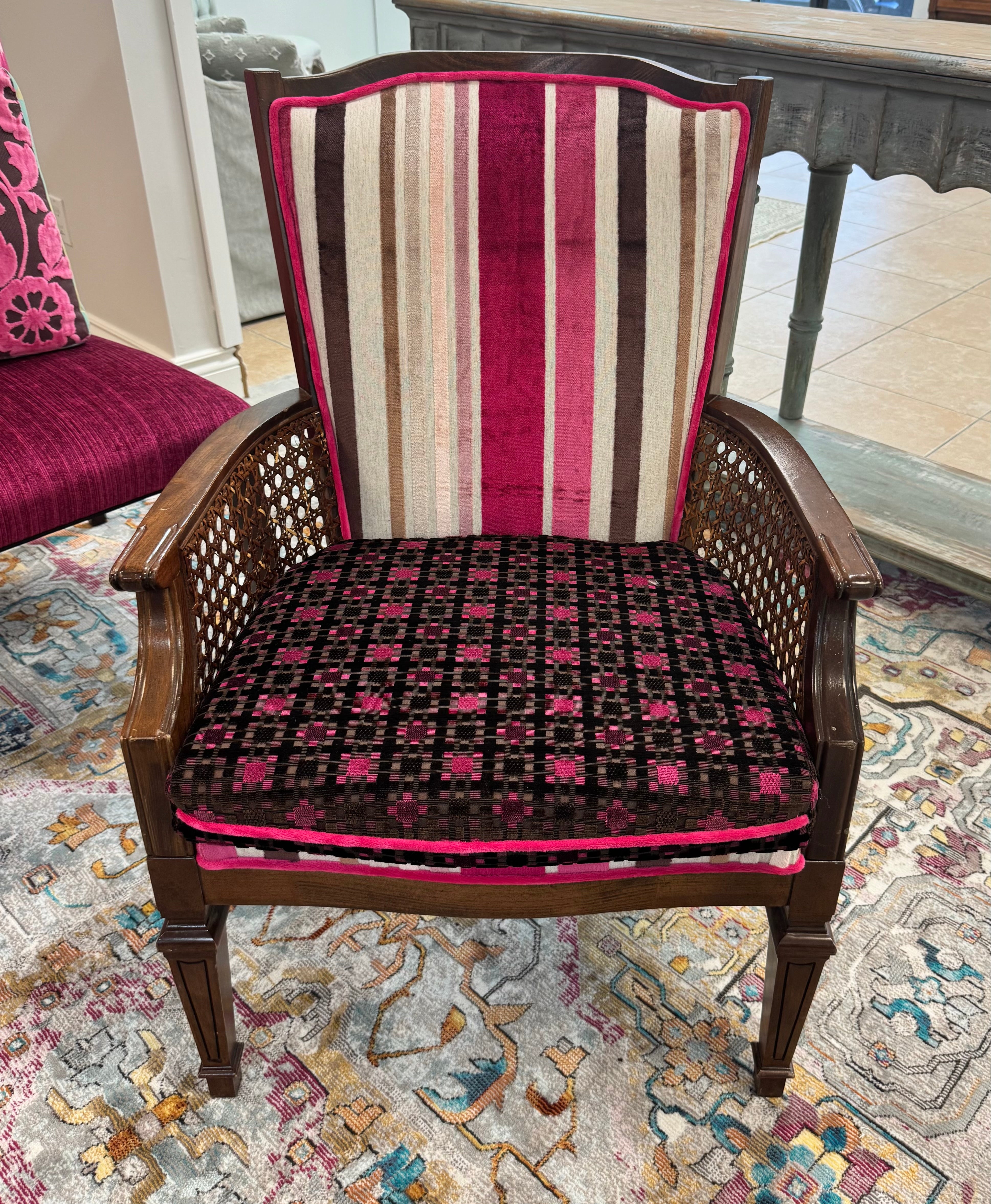 Fuchsia Striped Chair with Cane Sides