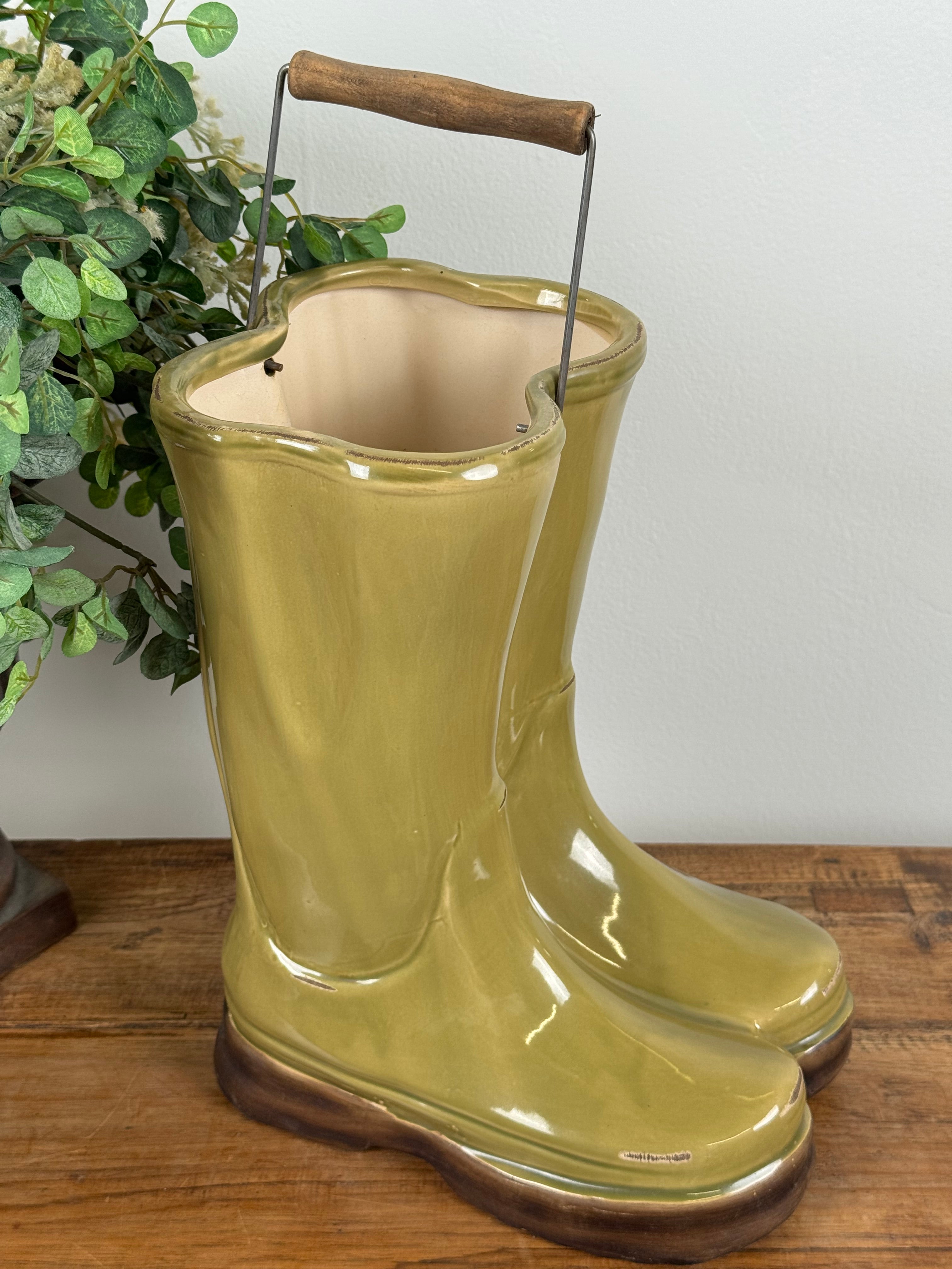 Mustard Green Ceramic Boots Planter