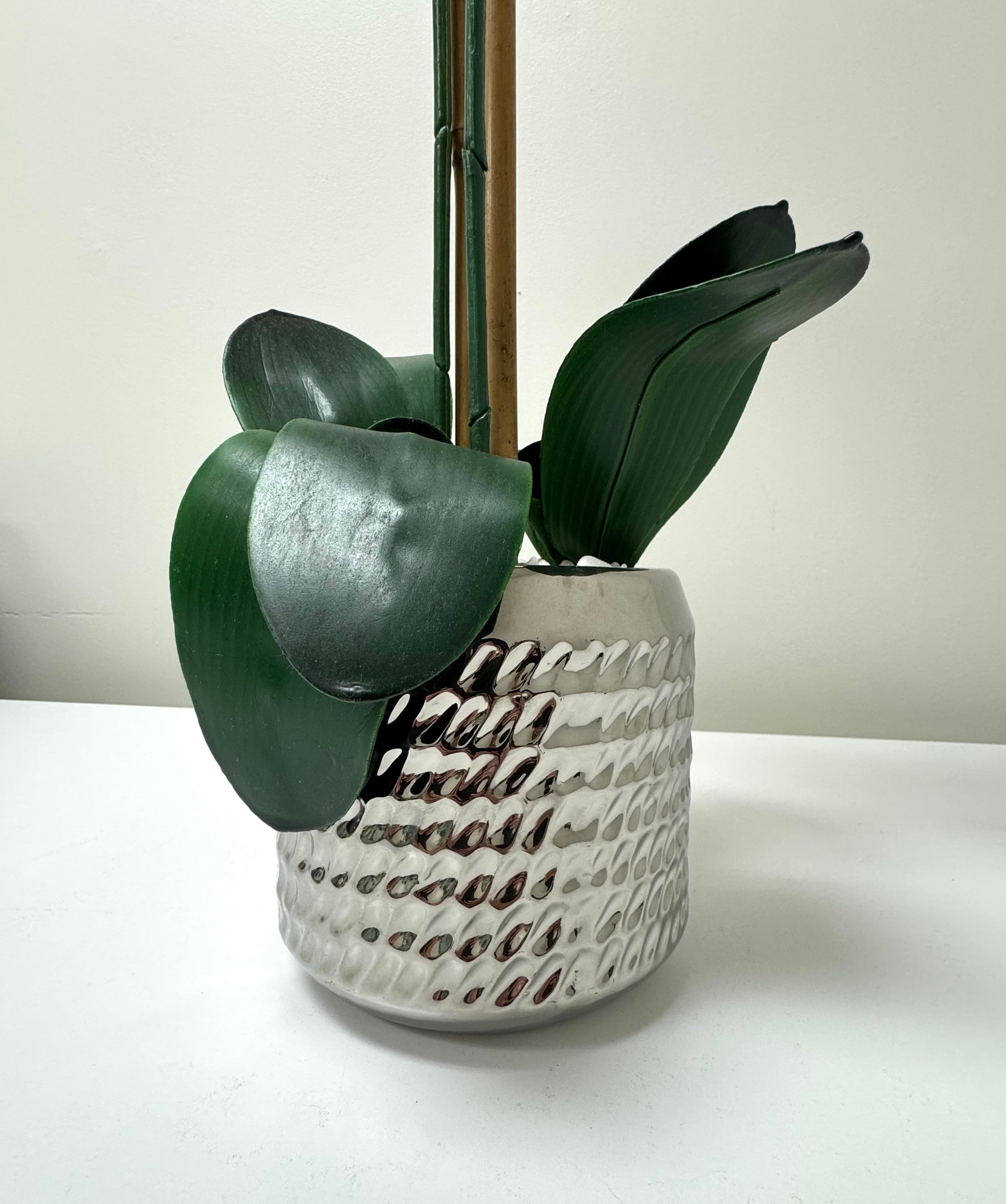 Faux Pink Orchid in Silver Pot
