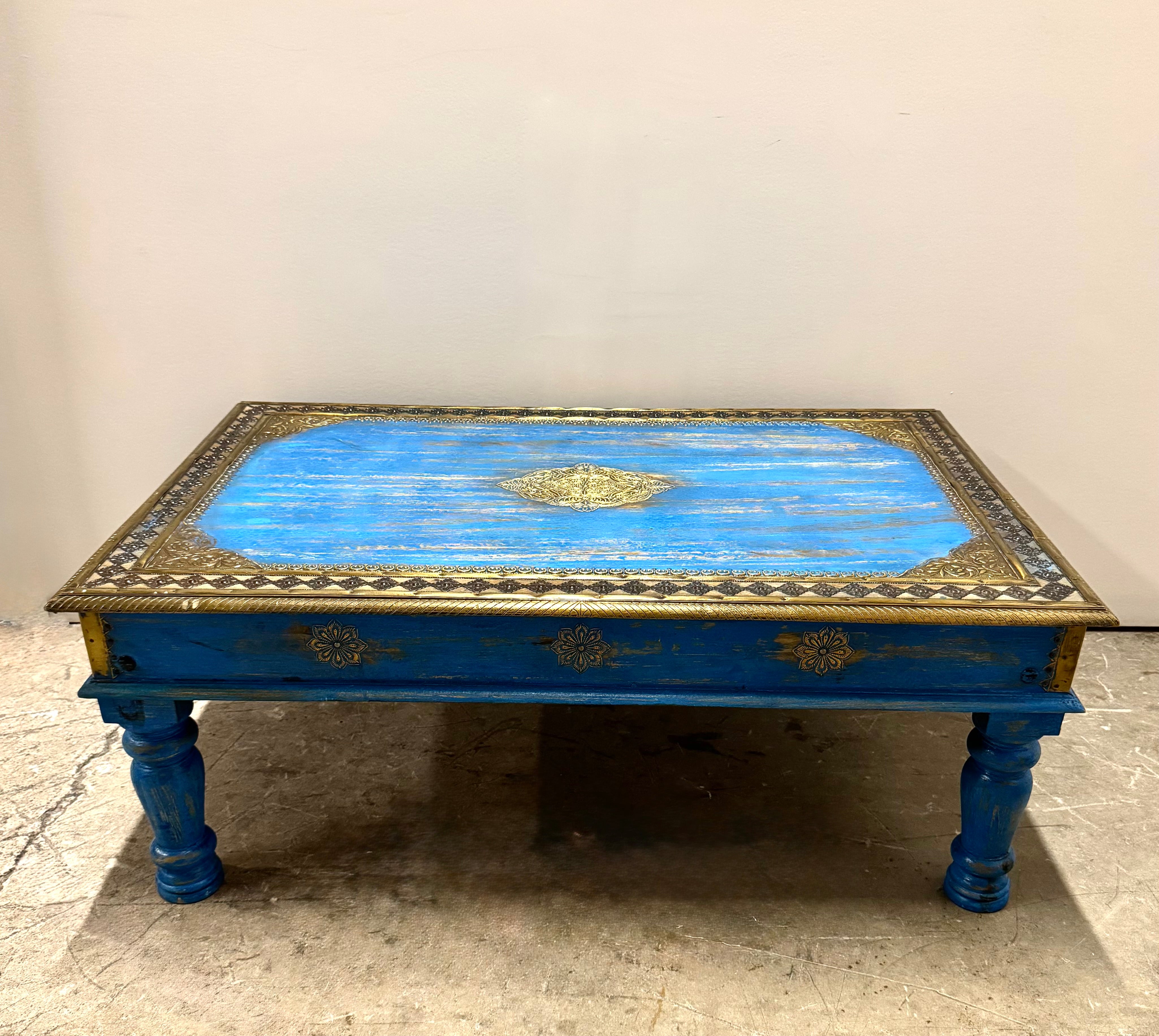 Azure Blue Indian Coffee Table with Brass Overlay