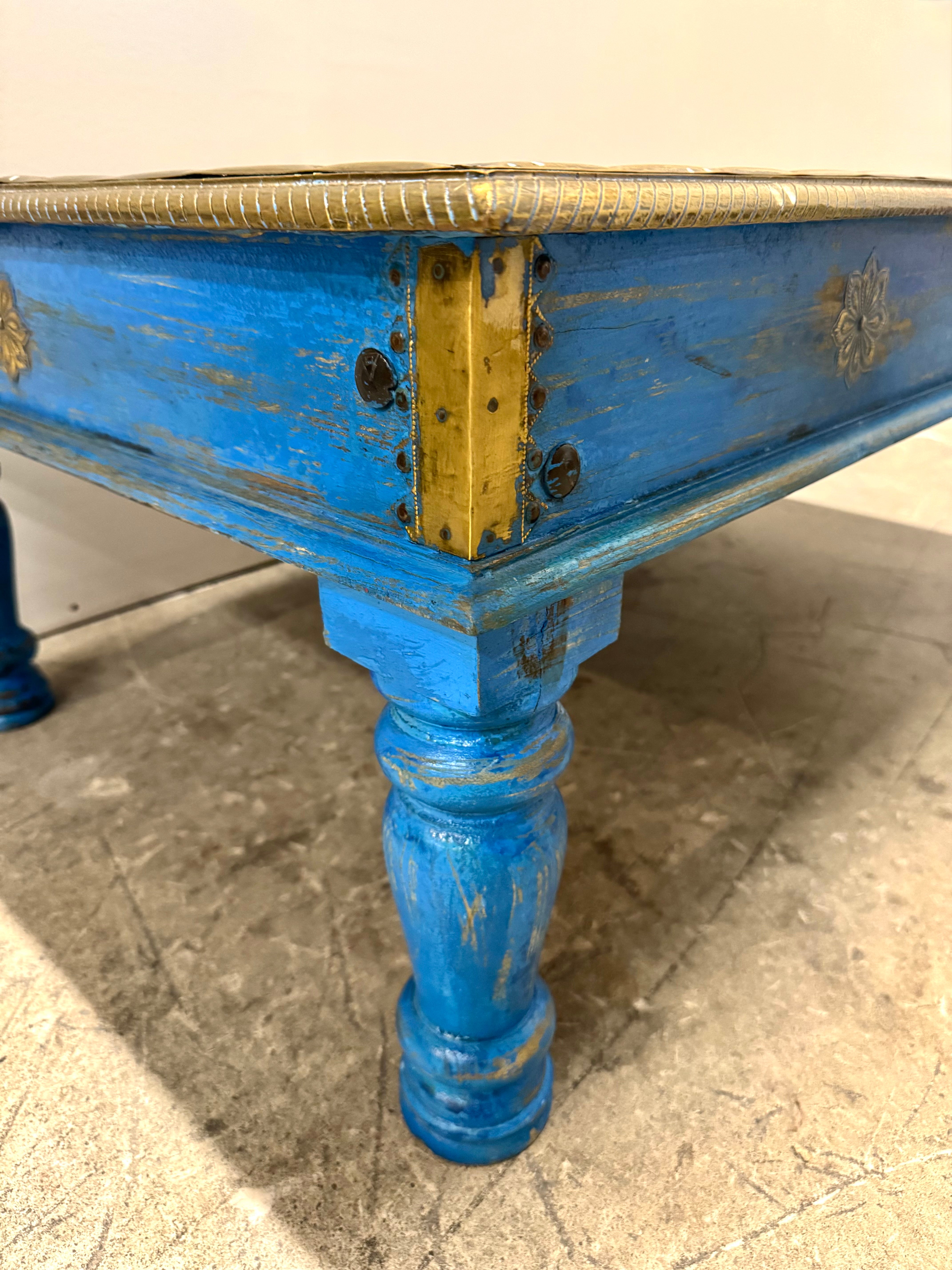 Azure Blue Indian Coffee Table with Brass Overlay