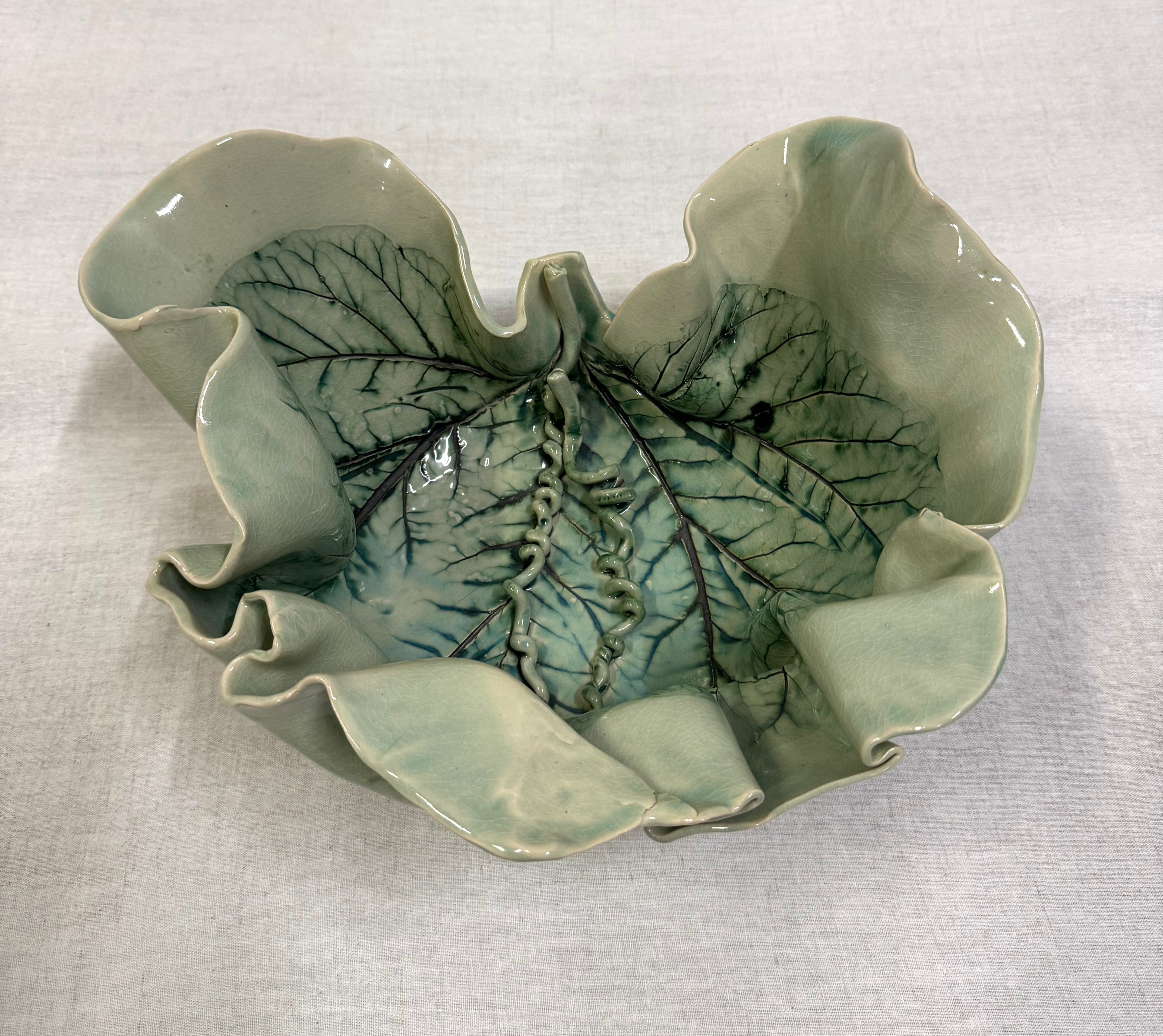 Hand-made Celadon Leaf Print Pottery Bowl