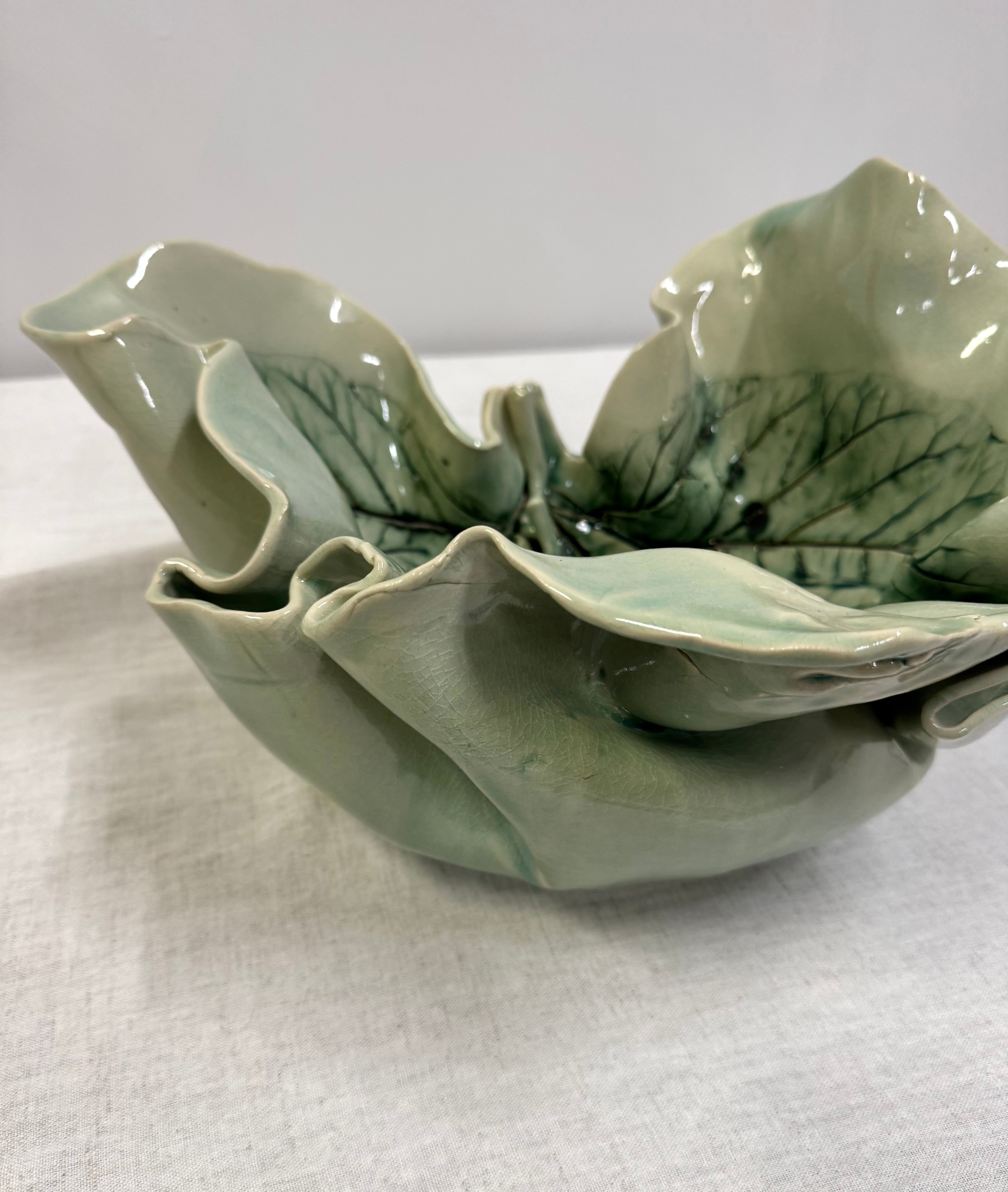 Hand-made Celadon Leaf Print Pottery Bowl