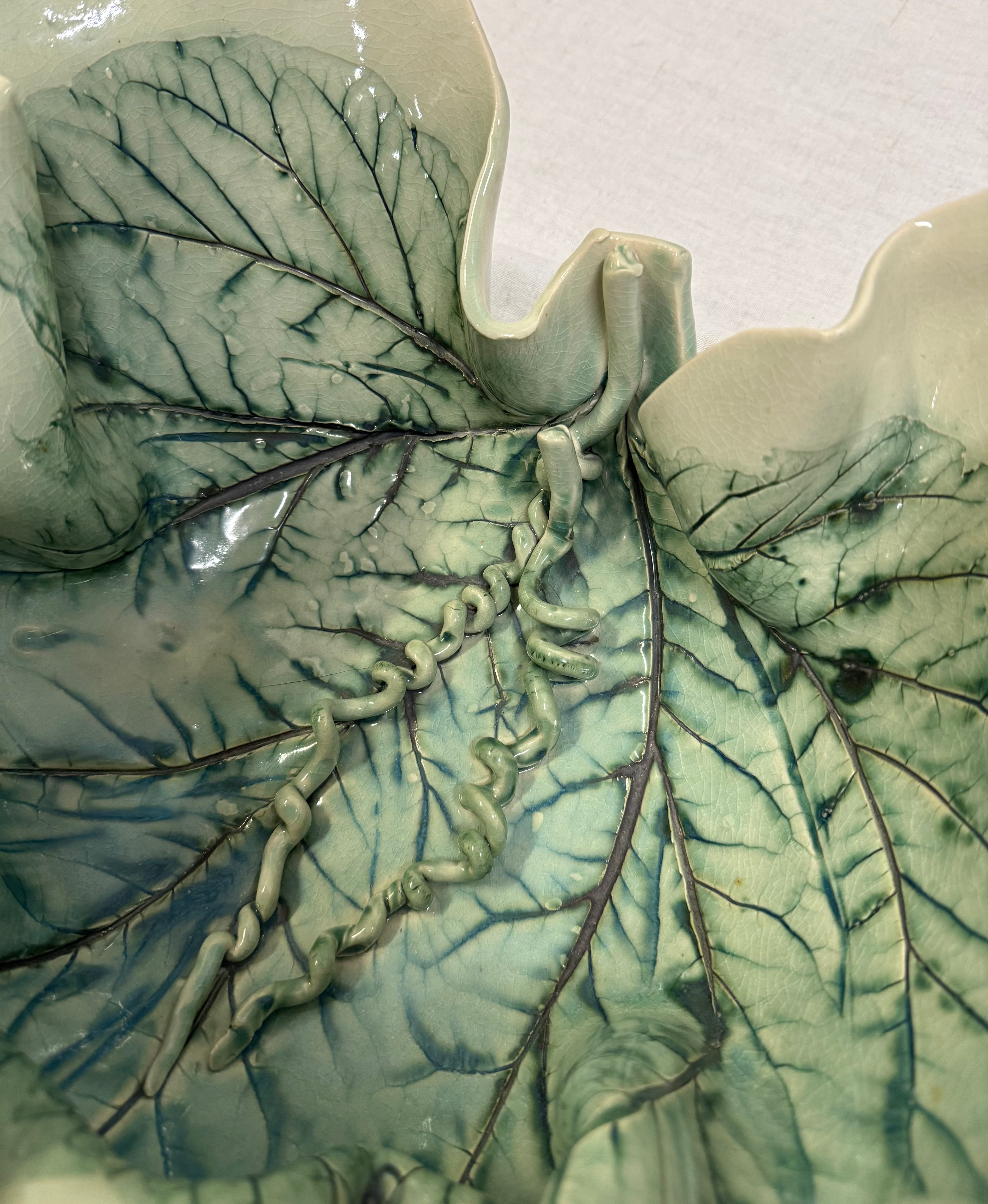 Hand-made Celadon Leaf Print Pottery Bowl