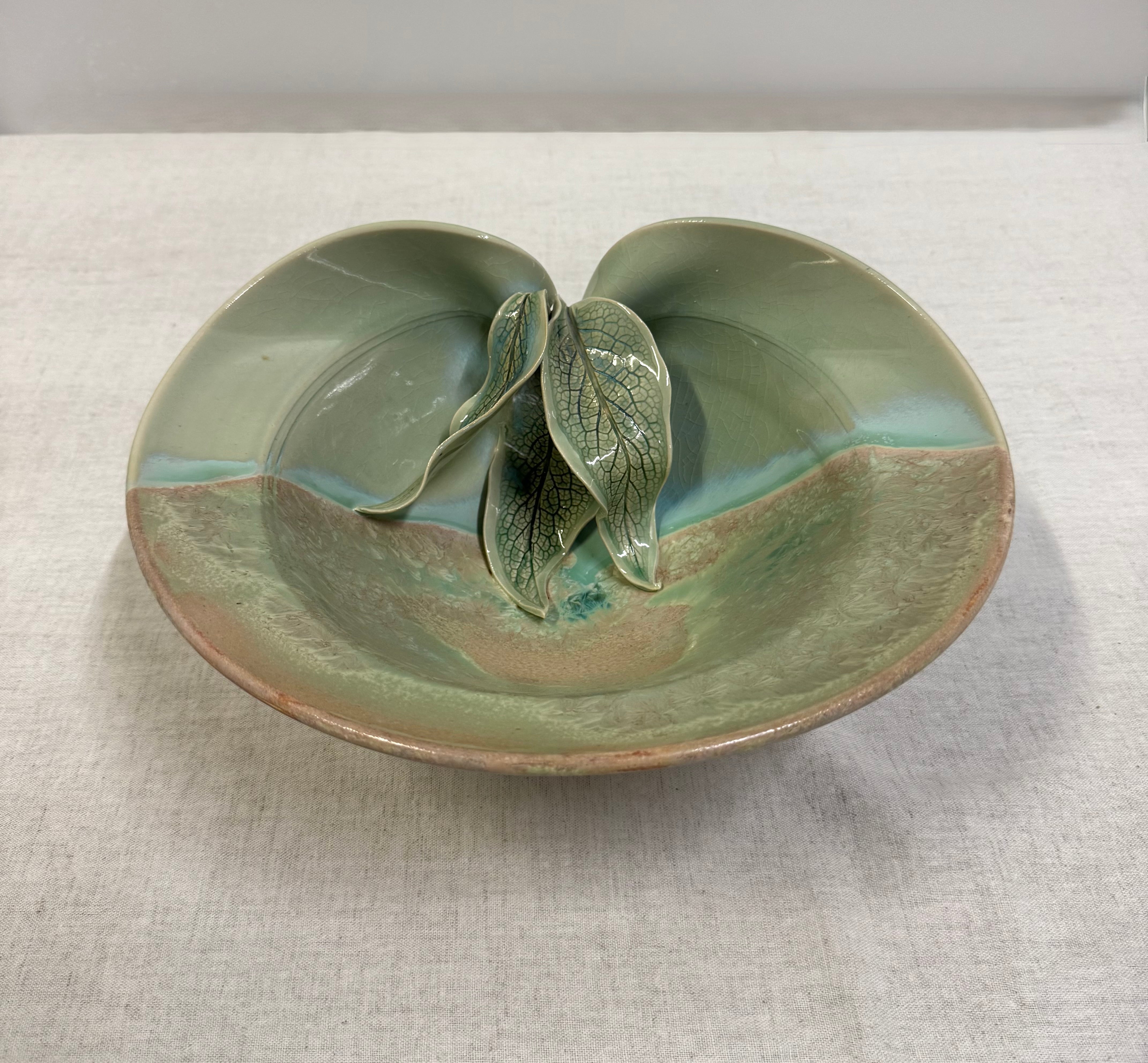 Hand-made Celadon & Blue Leaf Pottery Bowl