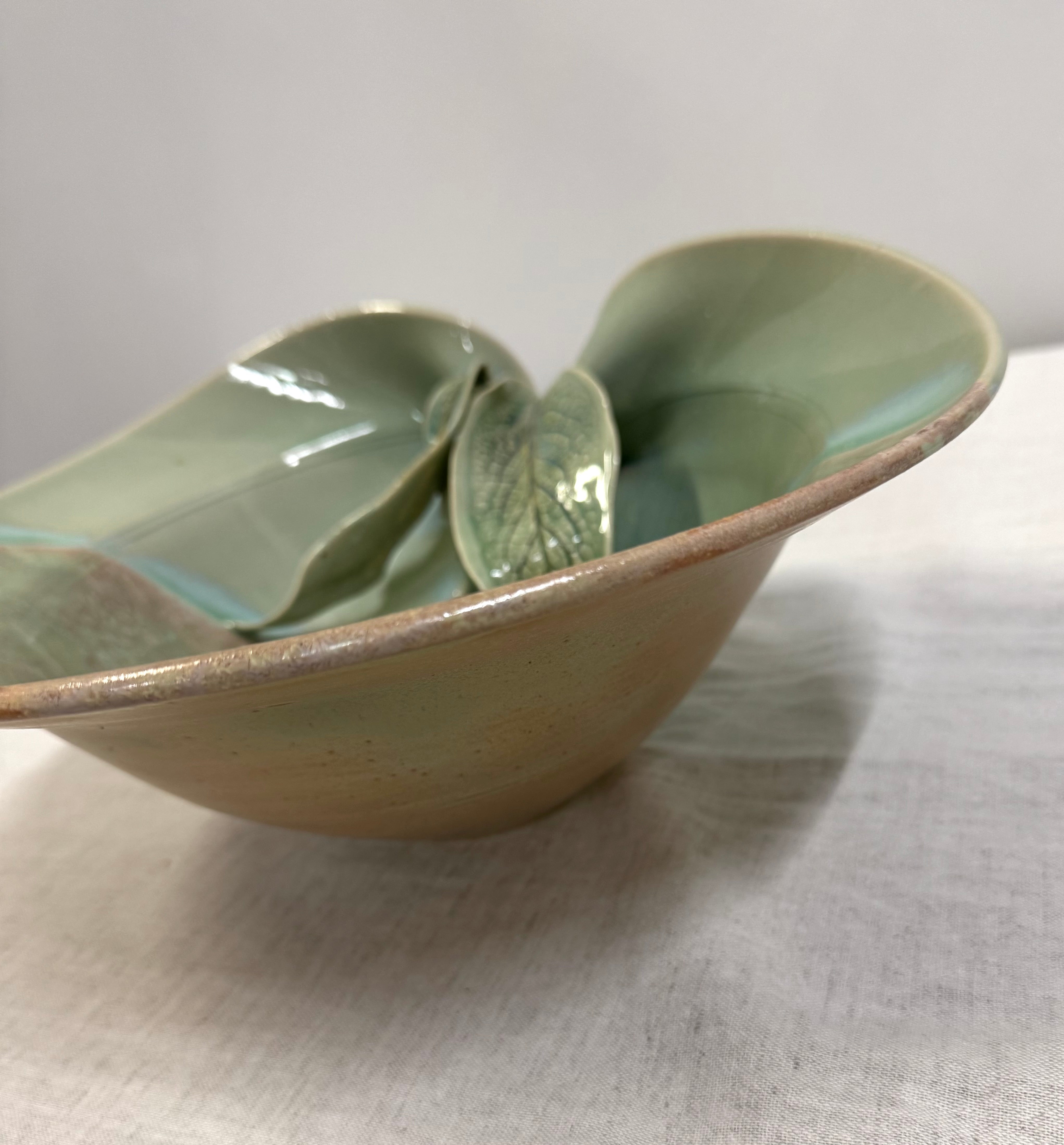 Hand-made Celadon & Blue Leaf Pottery Bowl