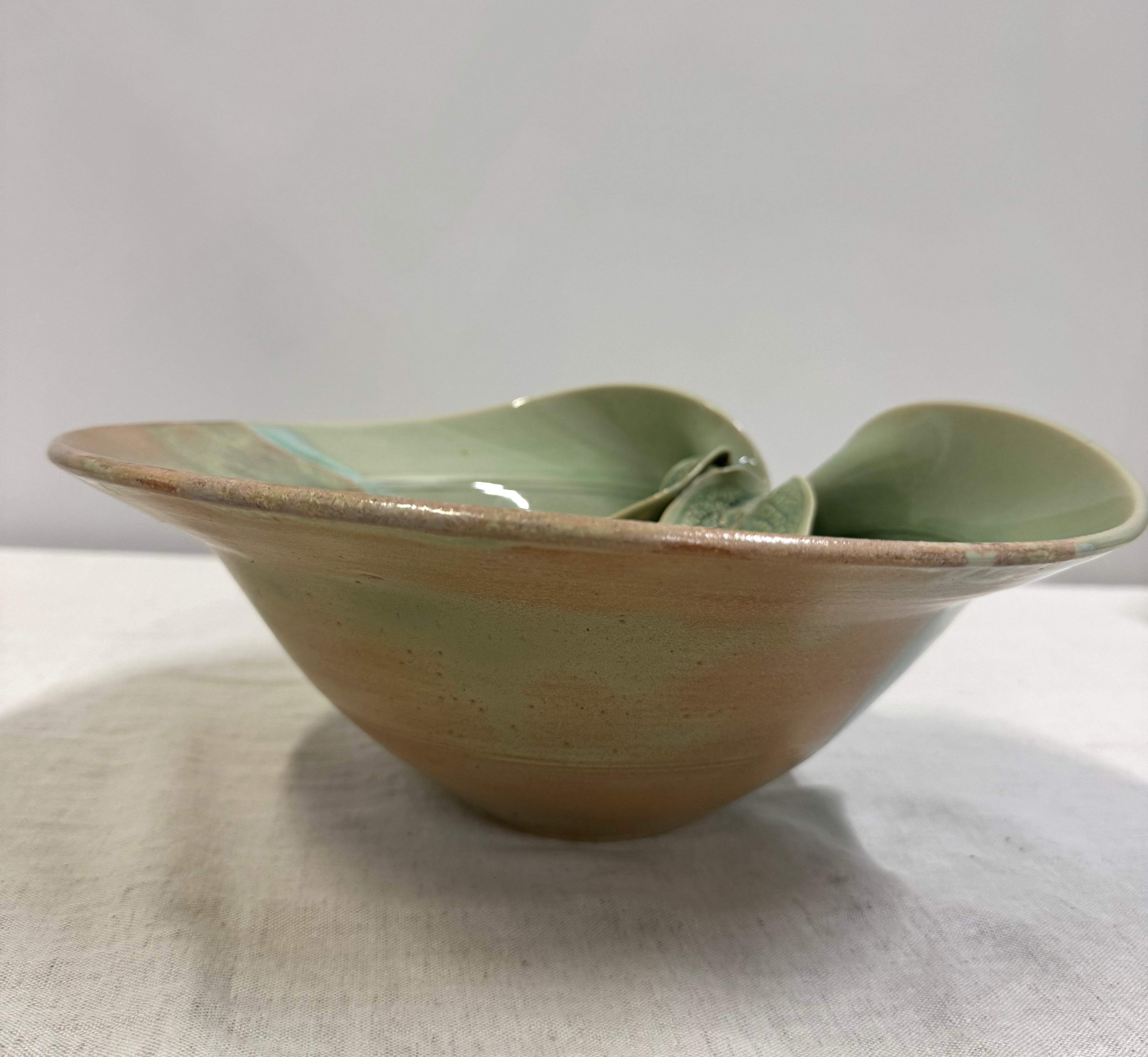 Hand-made Celadon & Blue Leaf Pottery Bowl