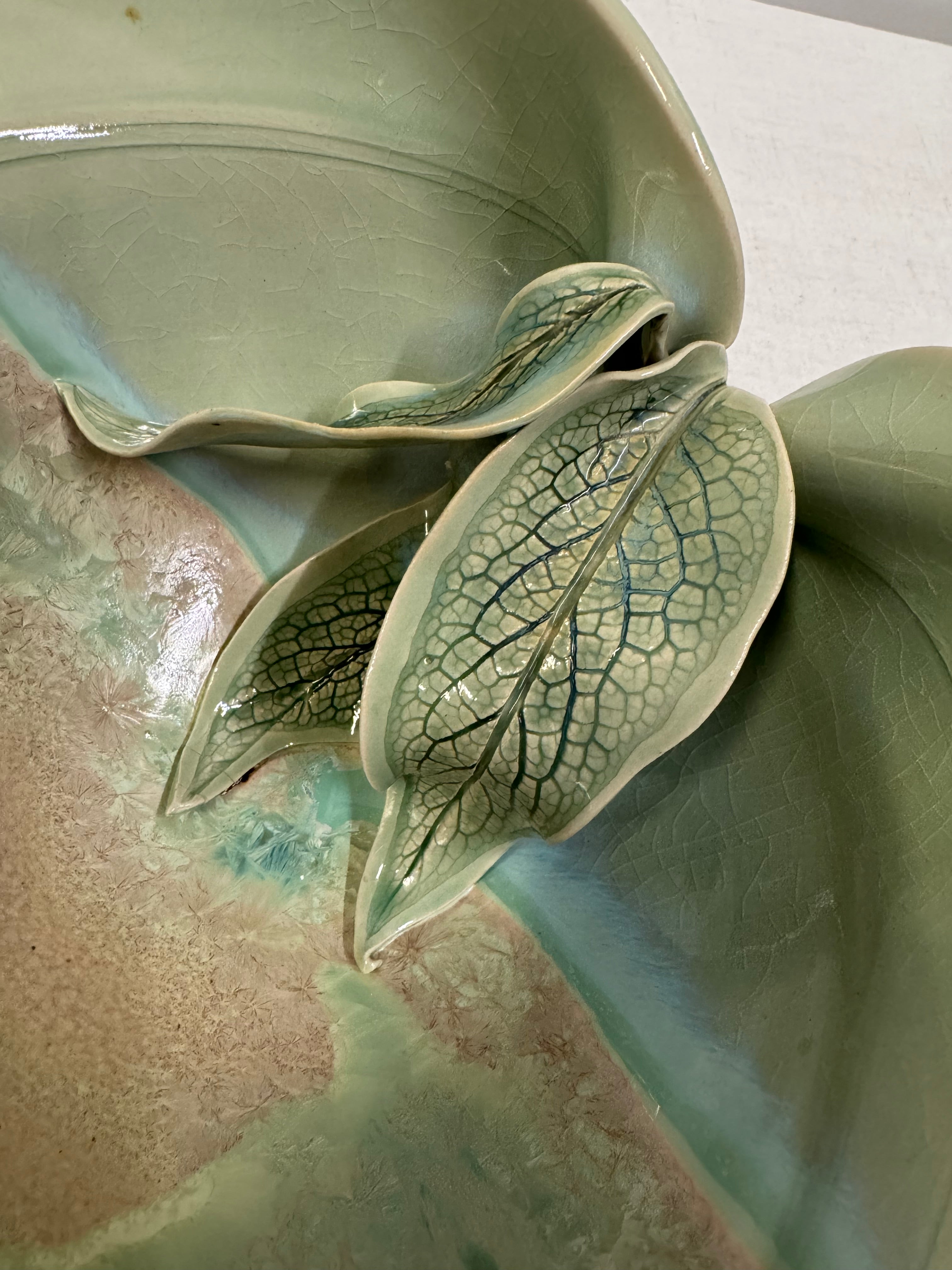 Hand-made Celadon & Blue Leaf Pottery Bowl