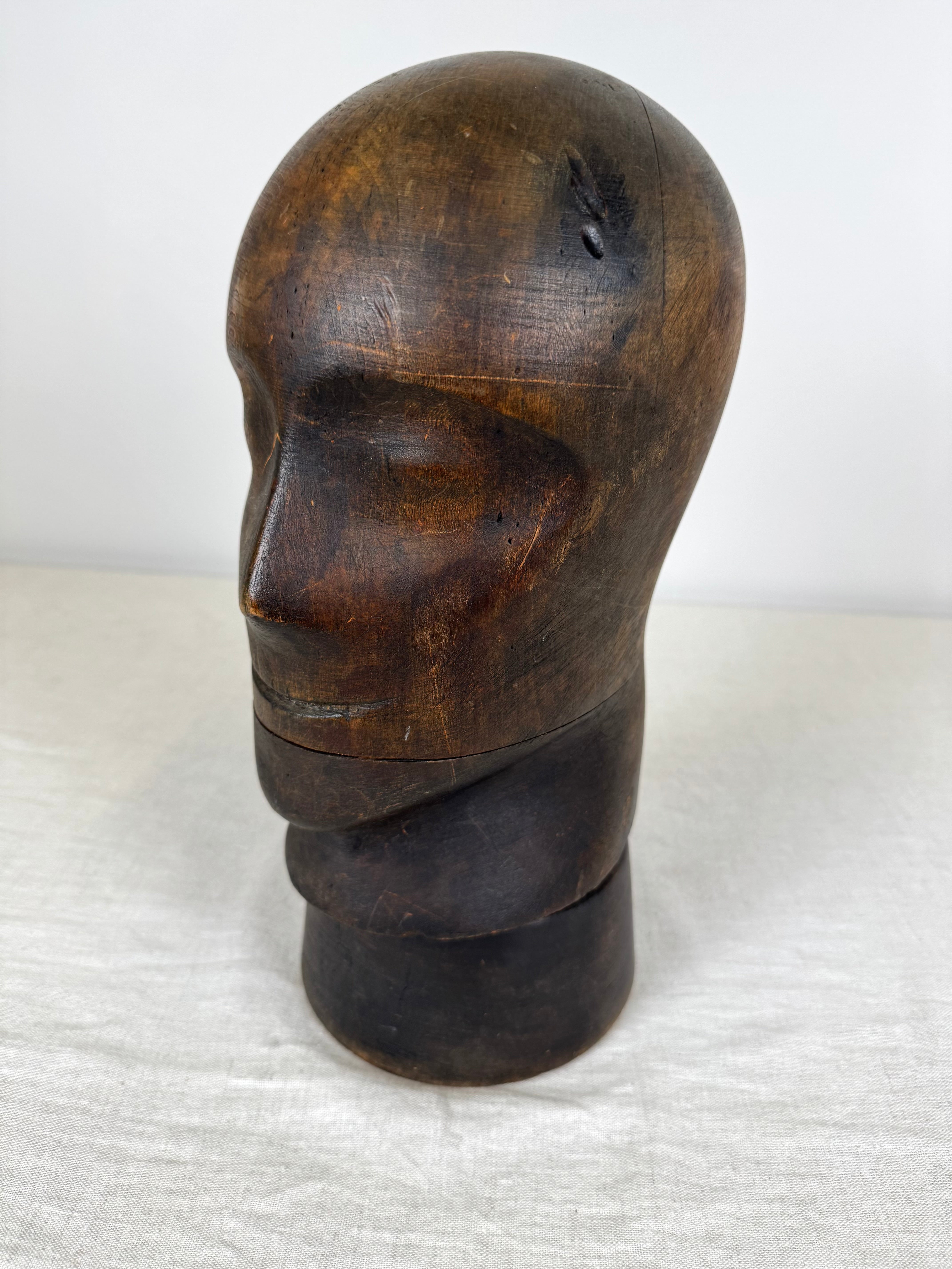 Vintage Wood Head Sculpture on Base
