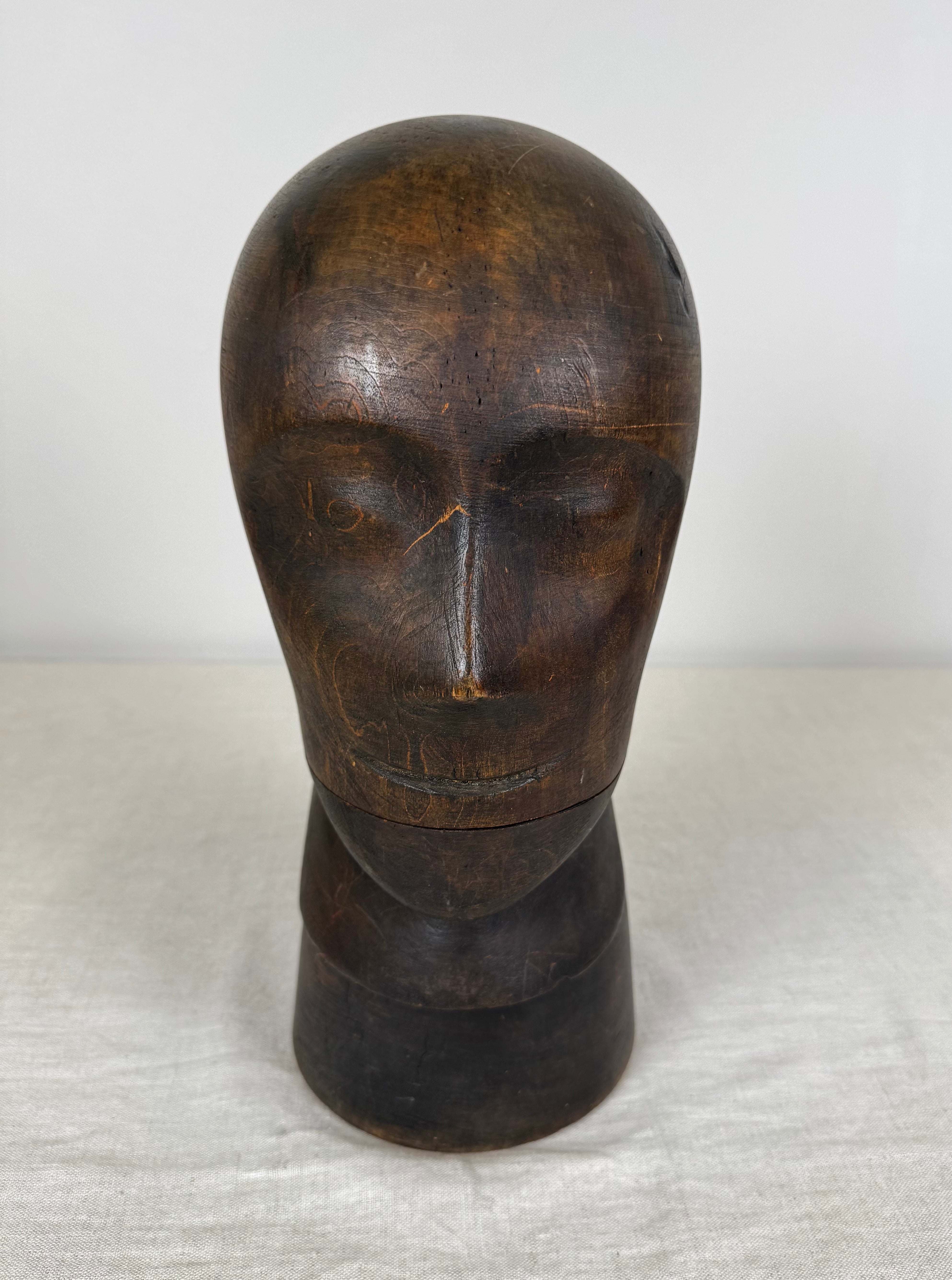 Vintage Wood Head Sculpture on Base