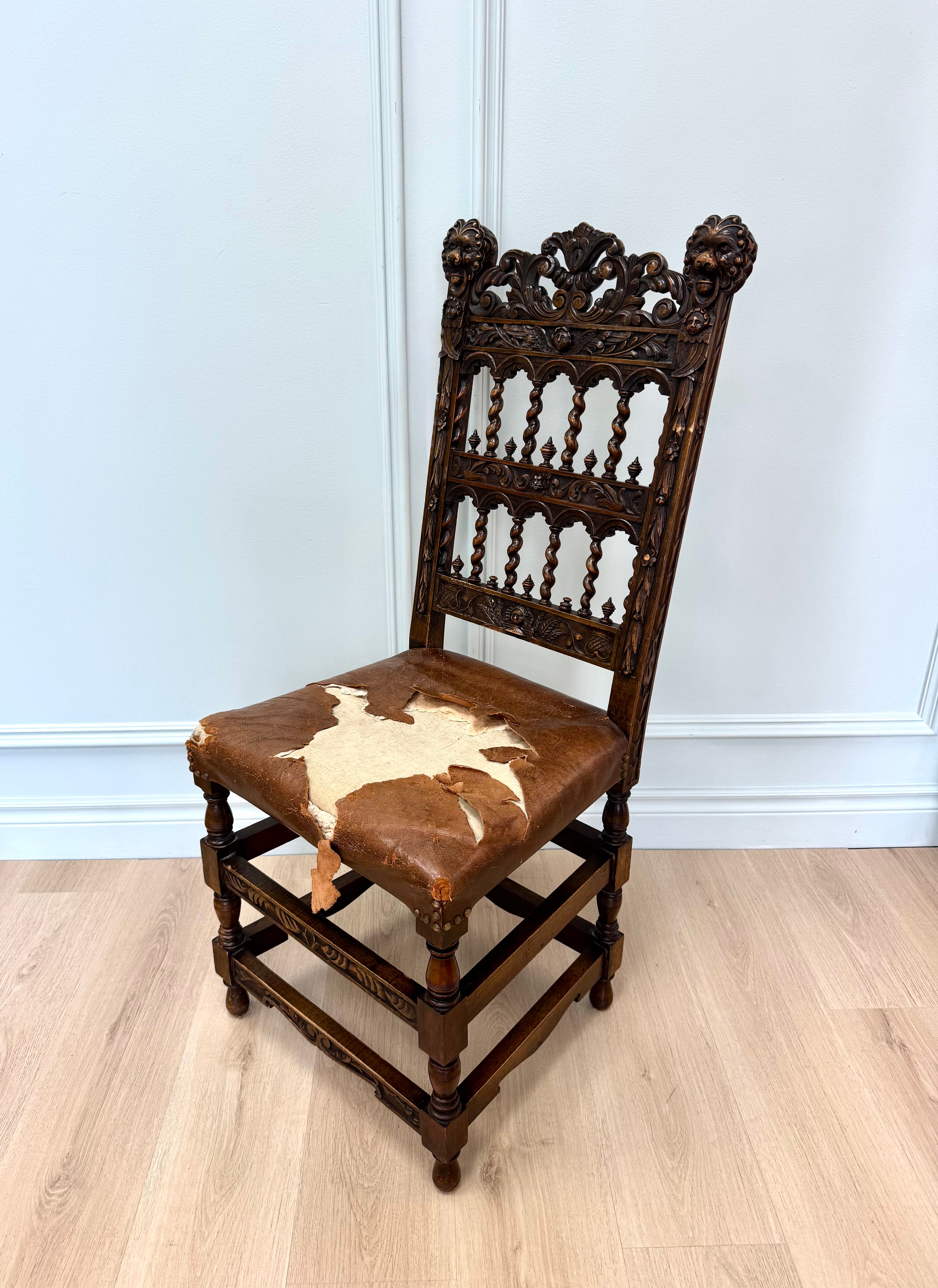 Antique Jacobean Revival Carved Oak Side Chair