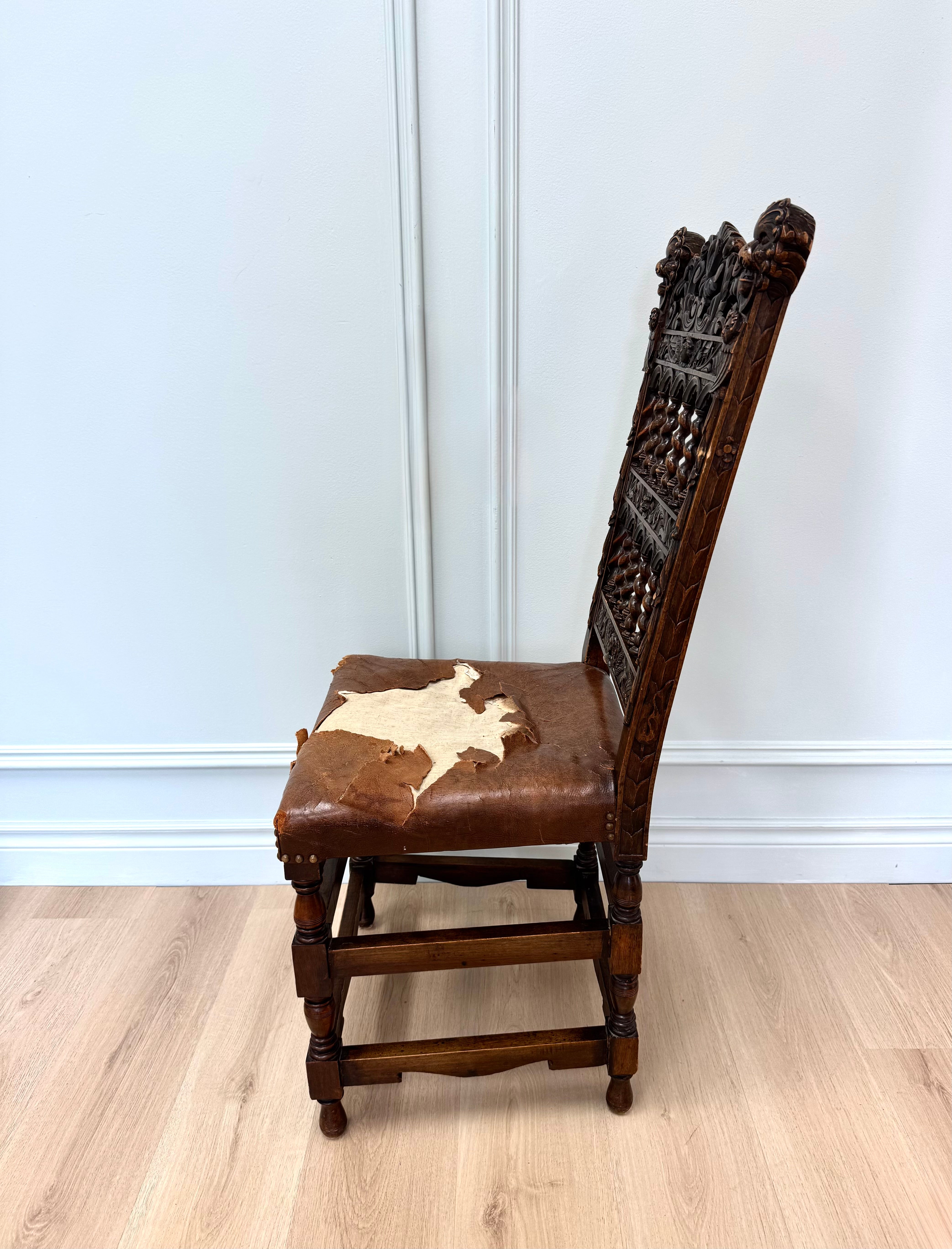 Antique Jacobean Revival Carved Oak Side Chair
