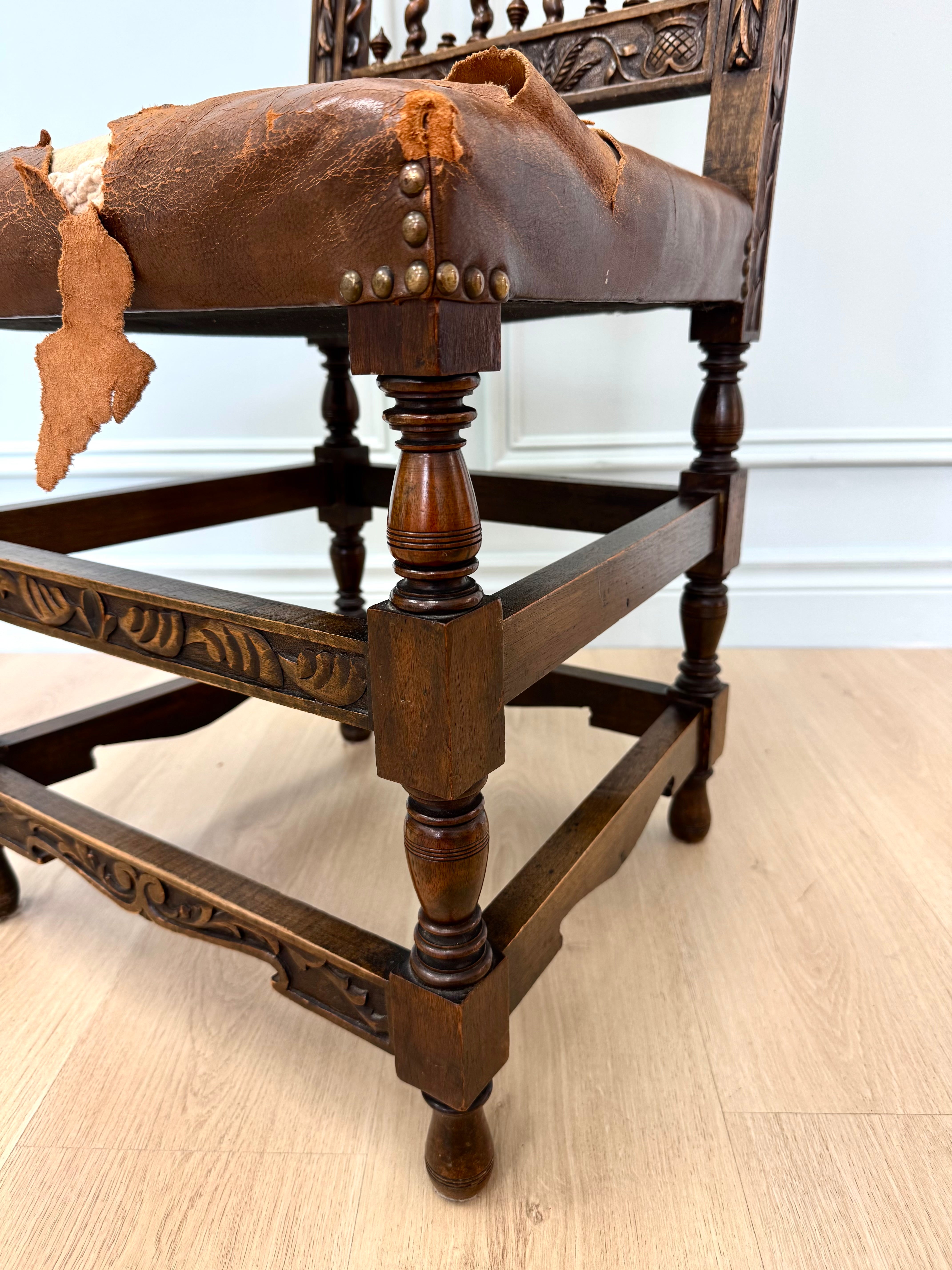Antique Jacobean Revival Carved Oak Side Chair