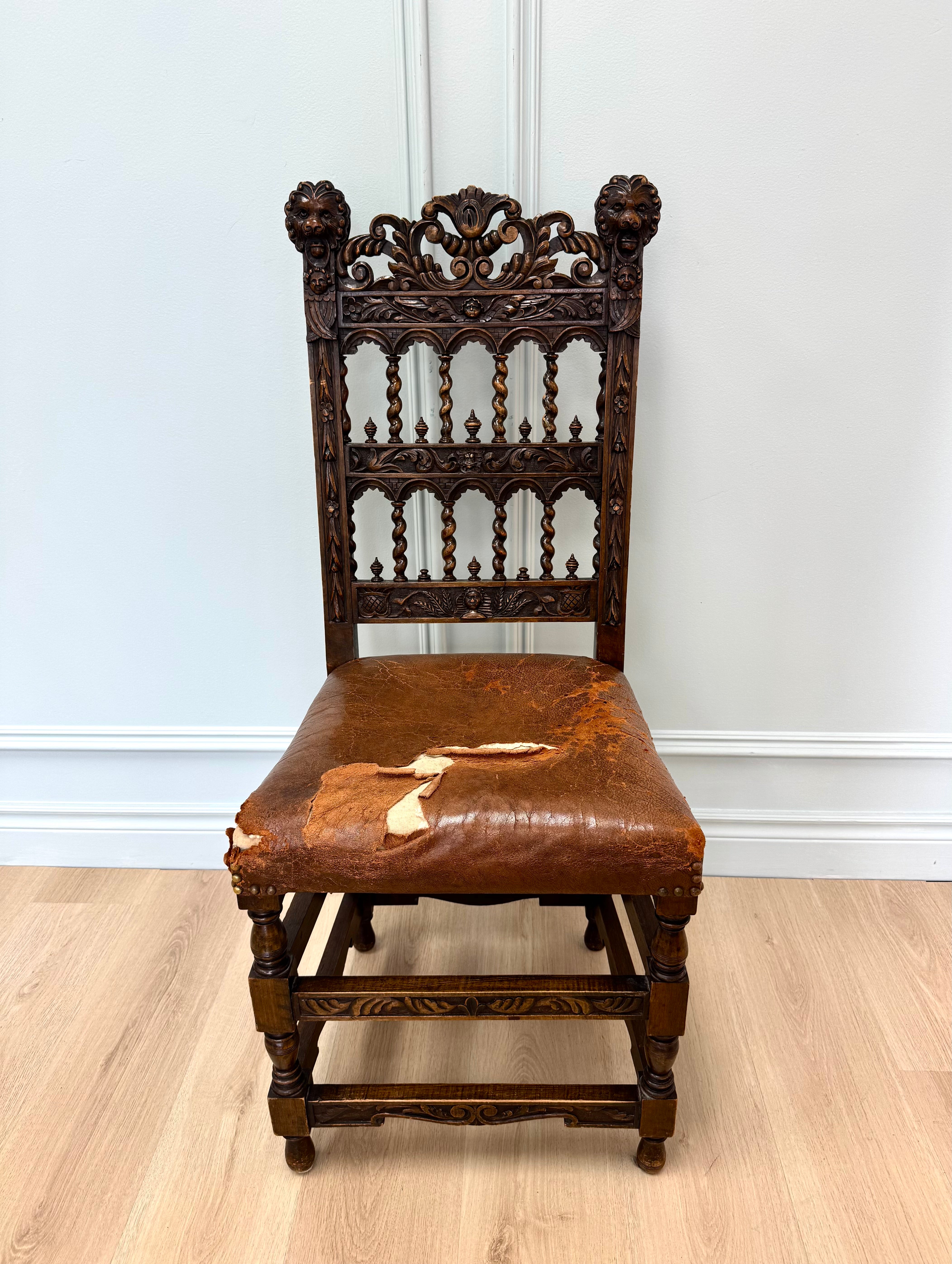 Antique Jacobean Revival Carved Oak Side Chair