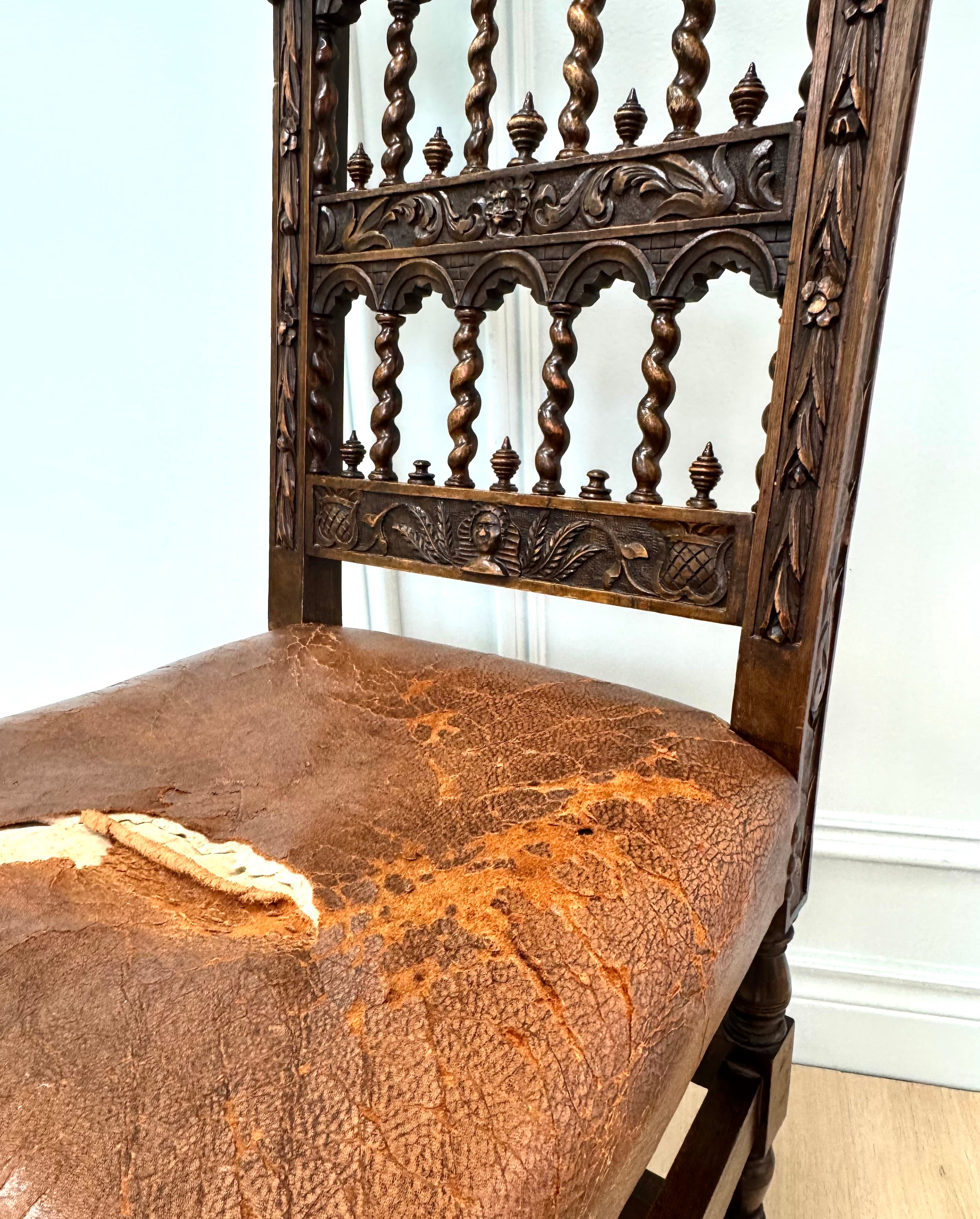 Antique Jacobean Revival Carved Oak Side Chair