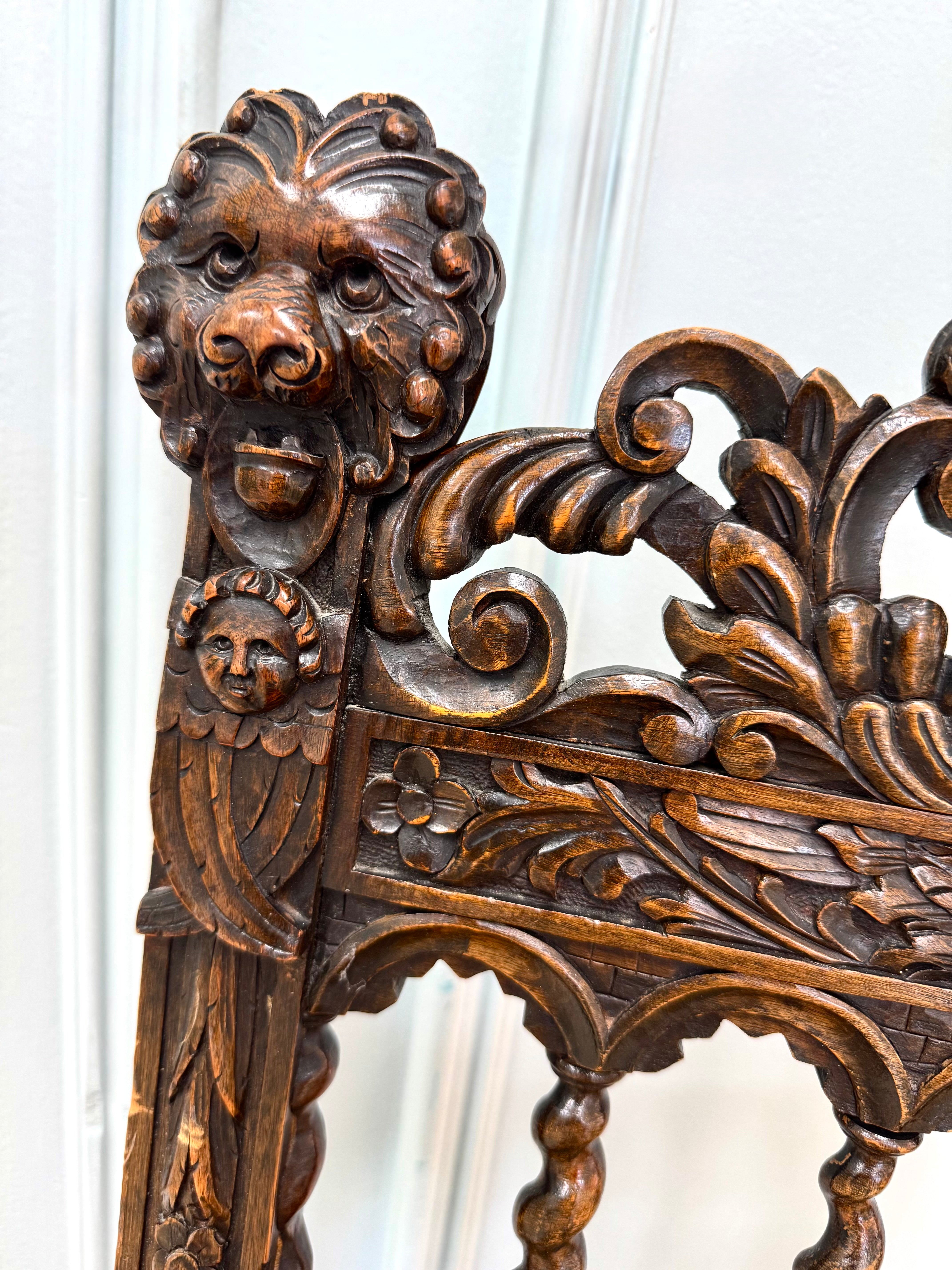 Antique Jacobean Revival Carved Oak Side Chair