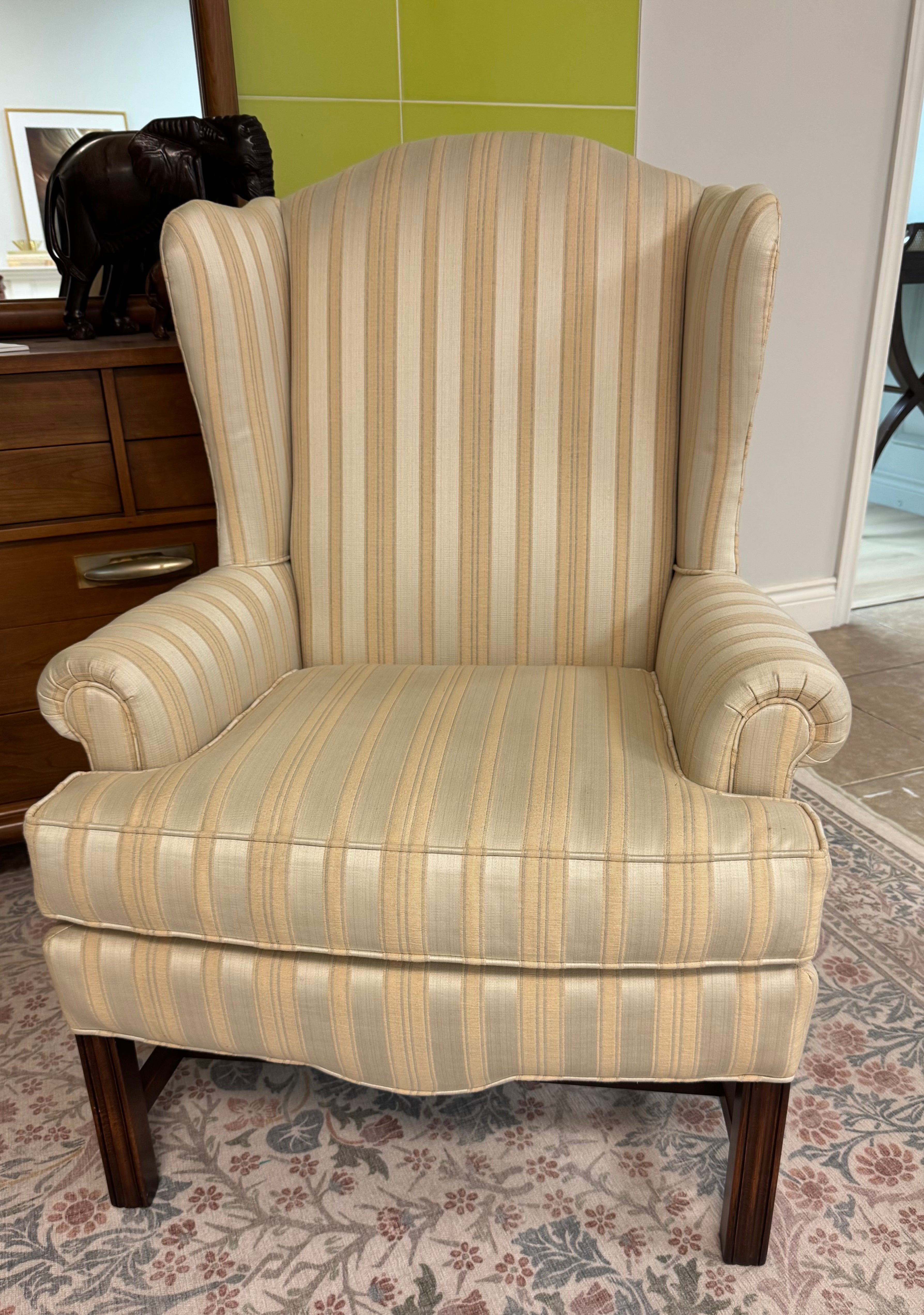 Cream and Gold Striped Wing Chair