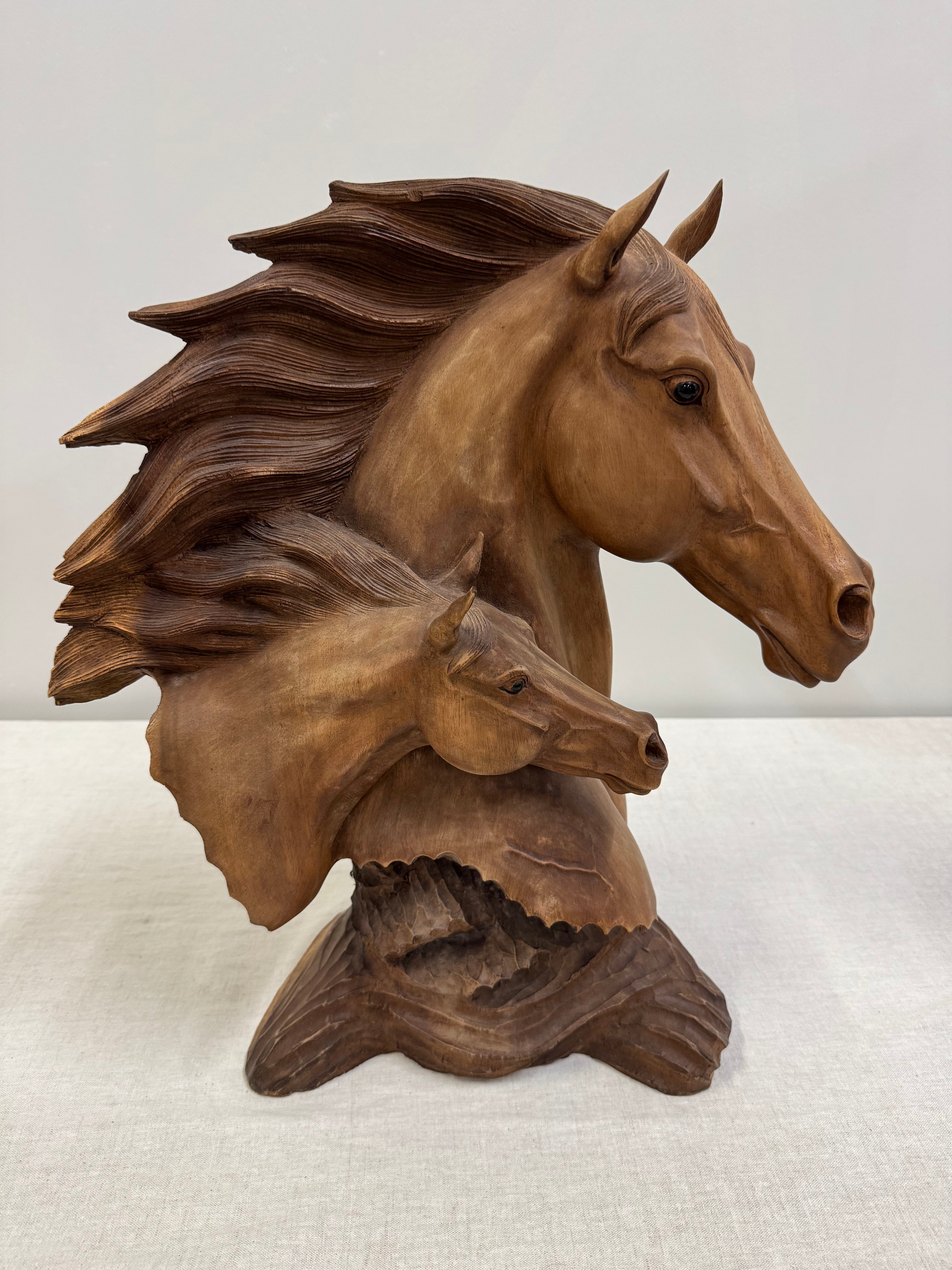 Vintage MCM Two Horses Wood Sculpture