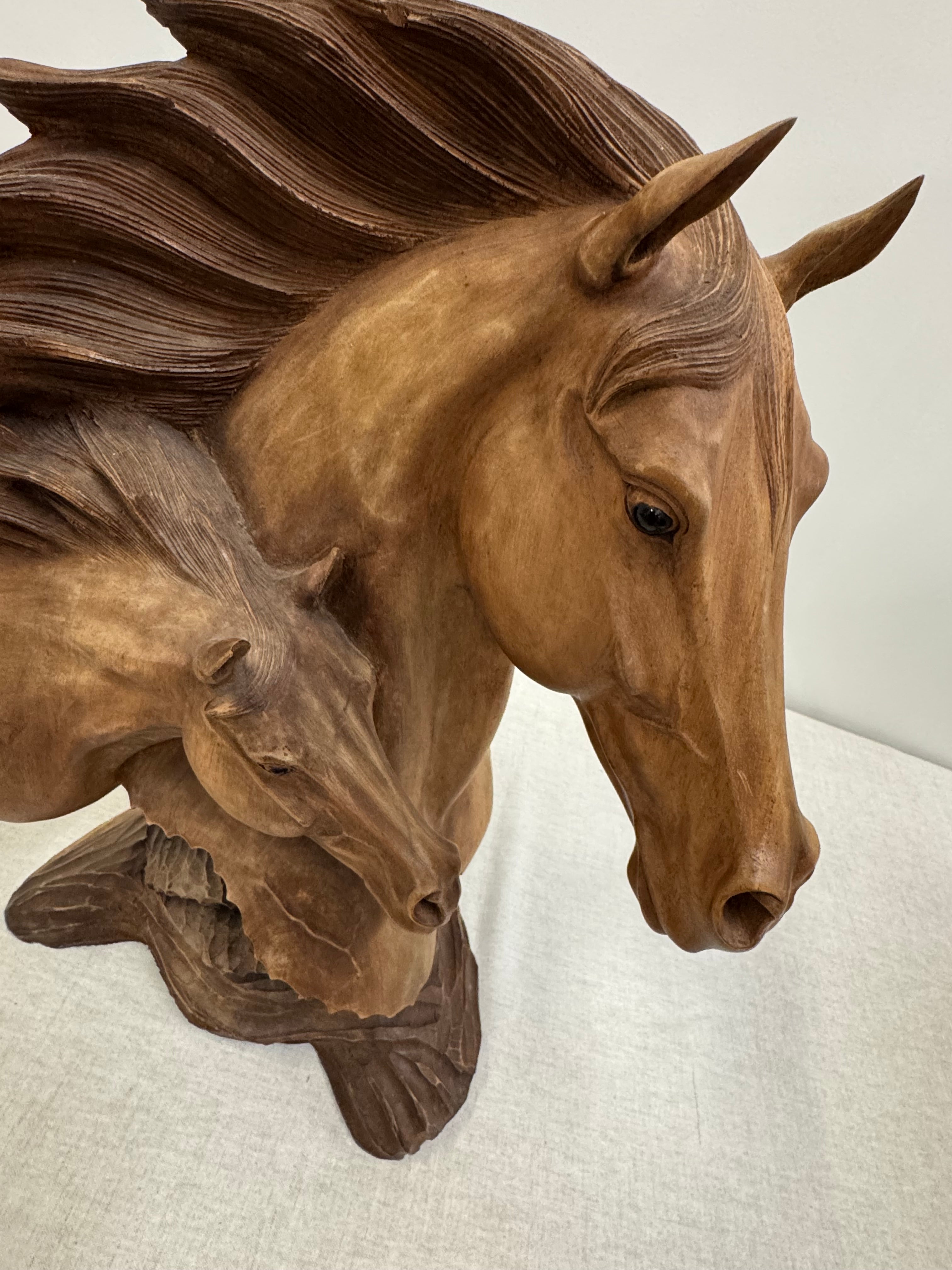 Vintage MCM Two Horses Wood Sculpture