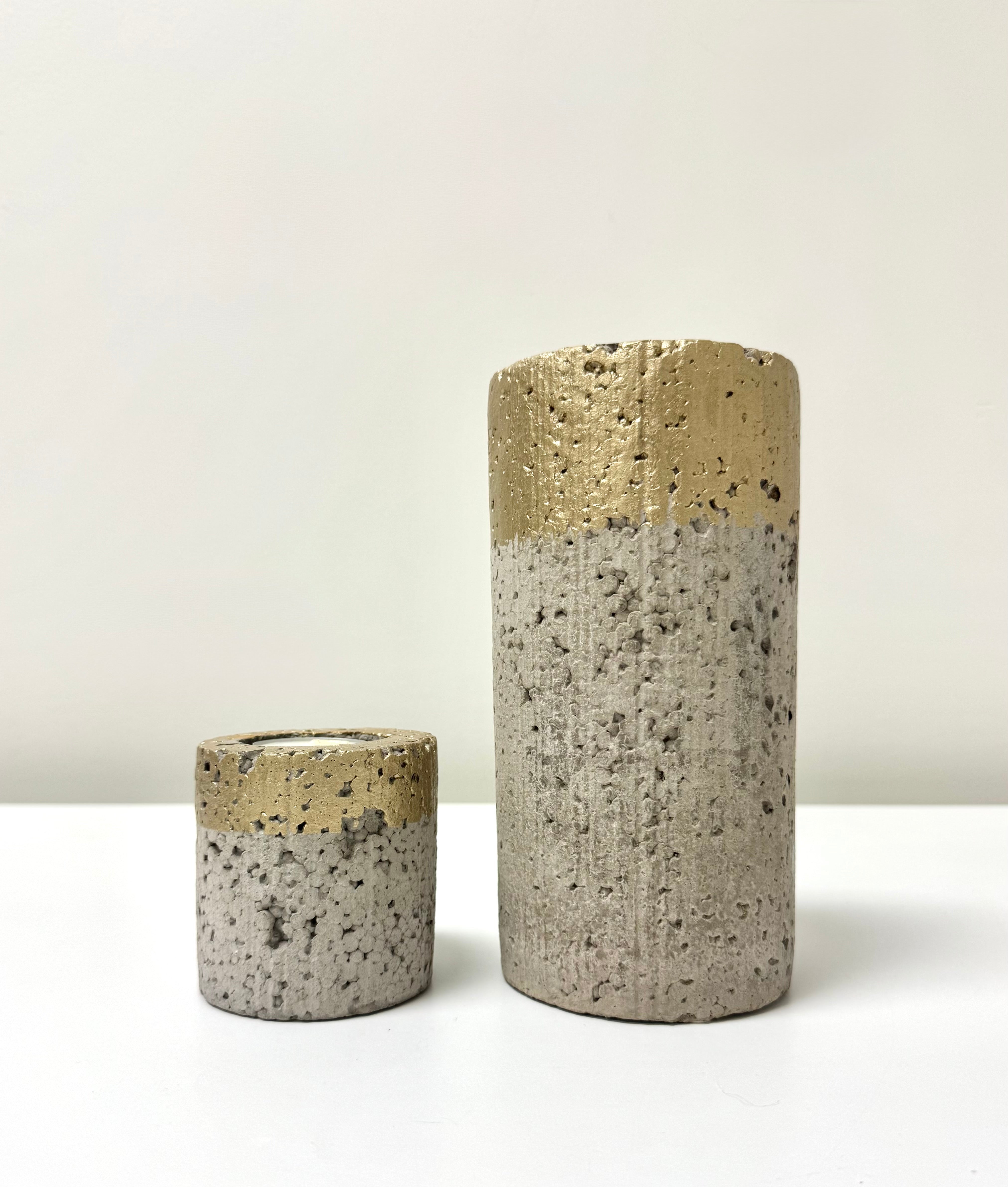 Cement Candle Holders with Gold Rim Set of 2