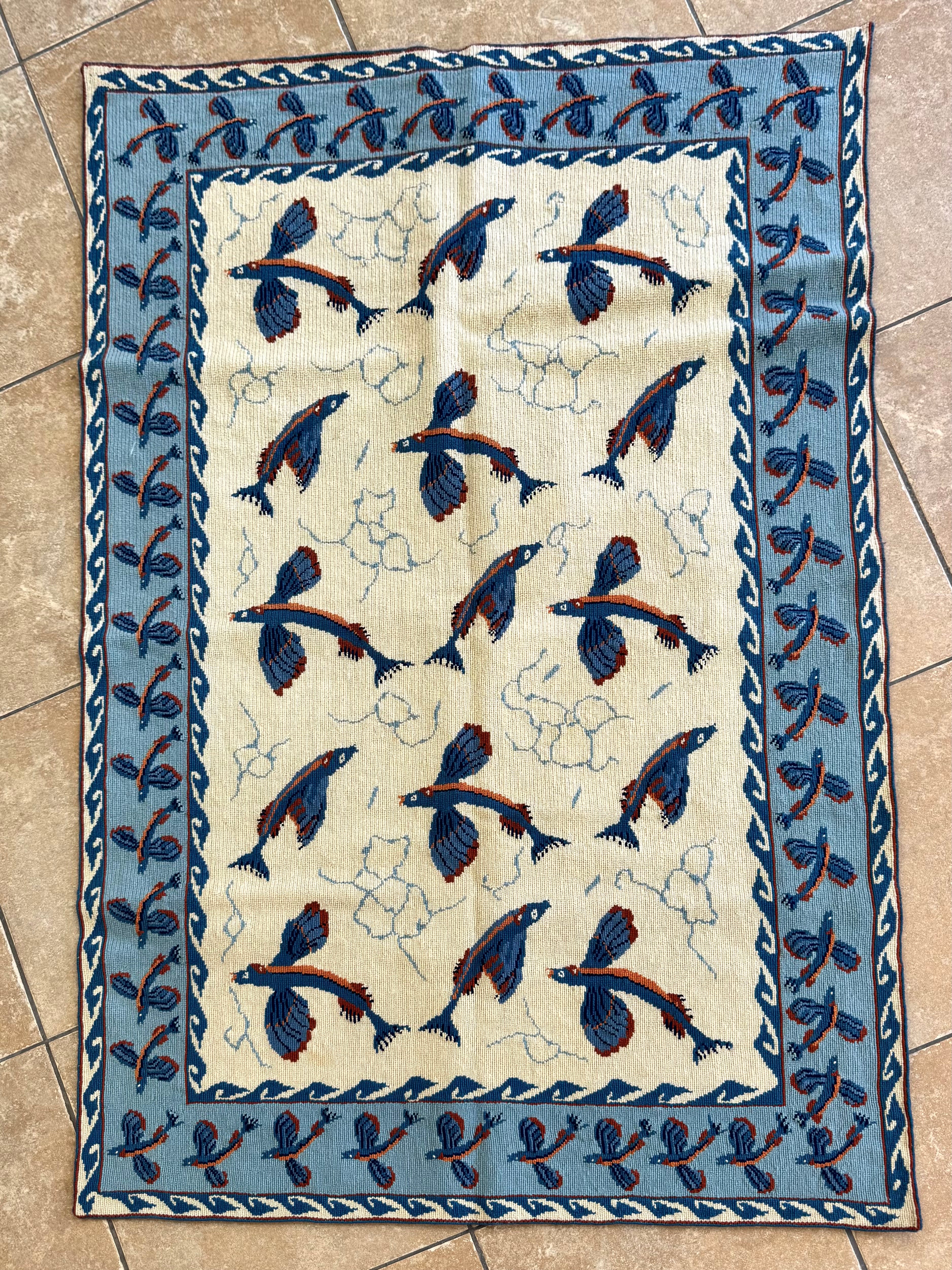 Vintage Hand-made Flying Fish Needlepoint