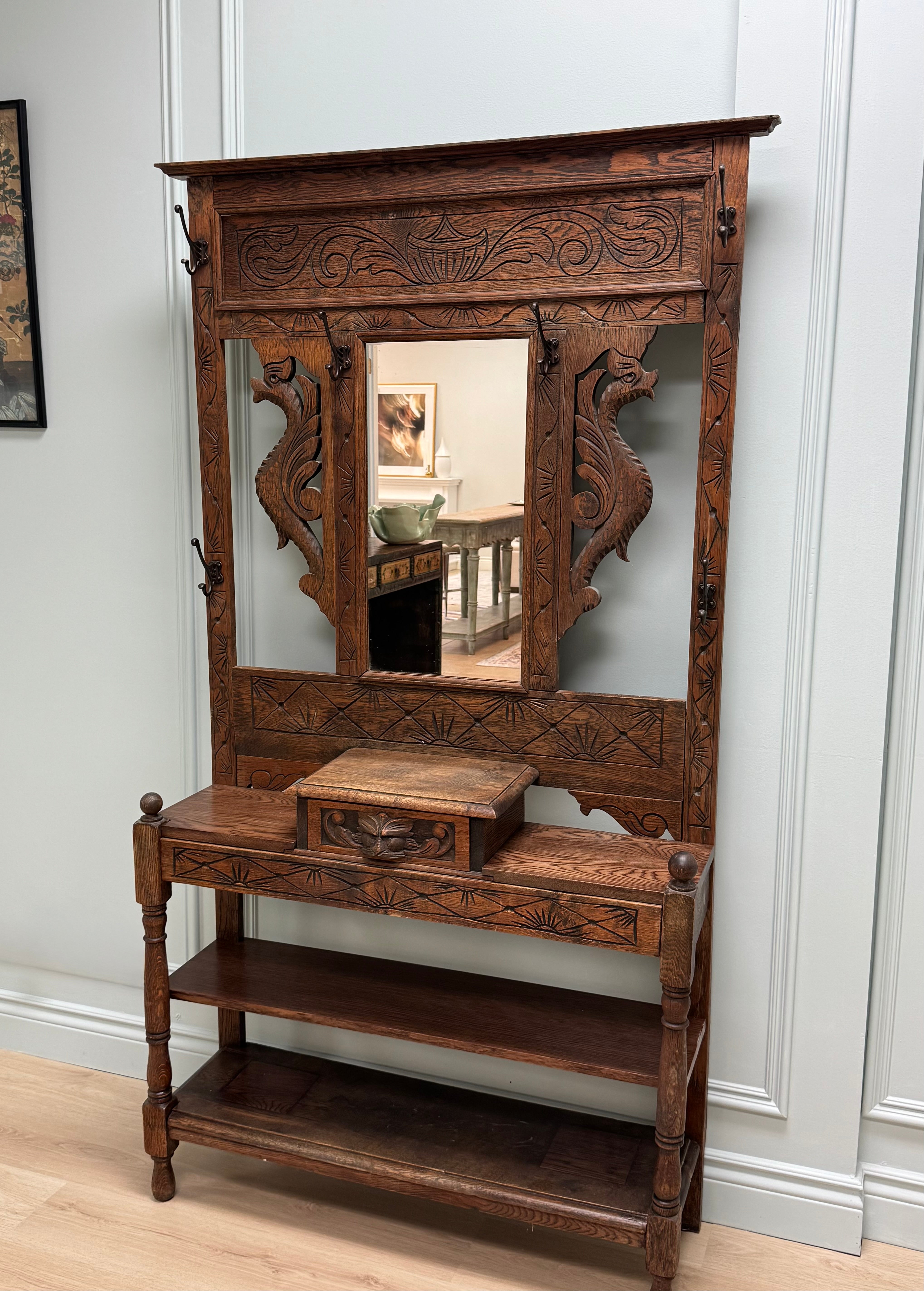 Vintage Carved Wood Hall Stand with Mirror