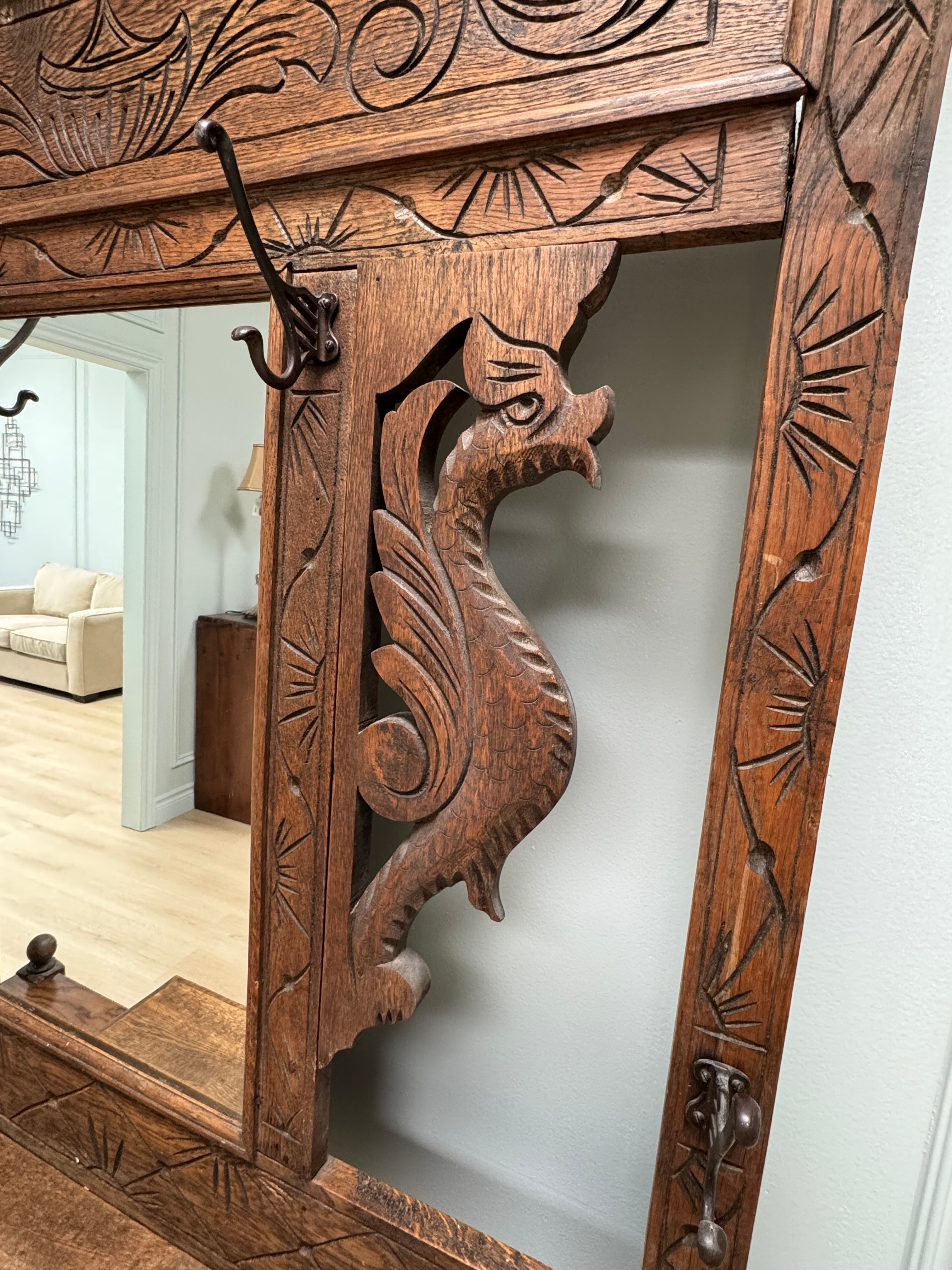 Vintage Carved Wood Hall Stand with Mirror