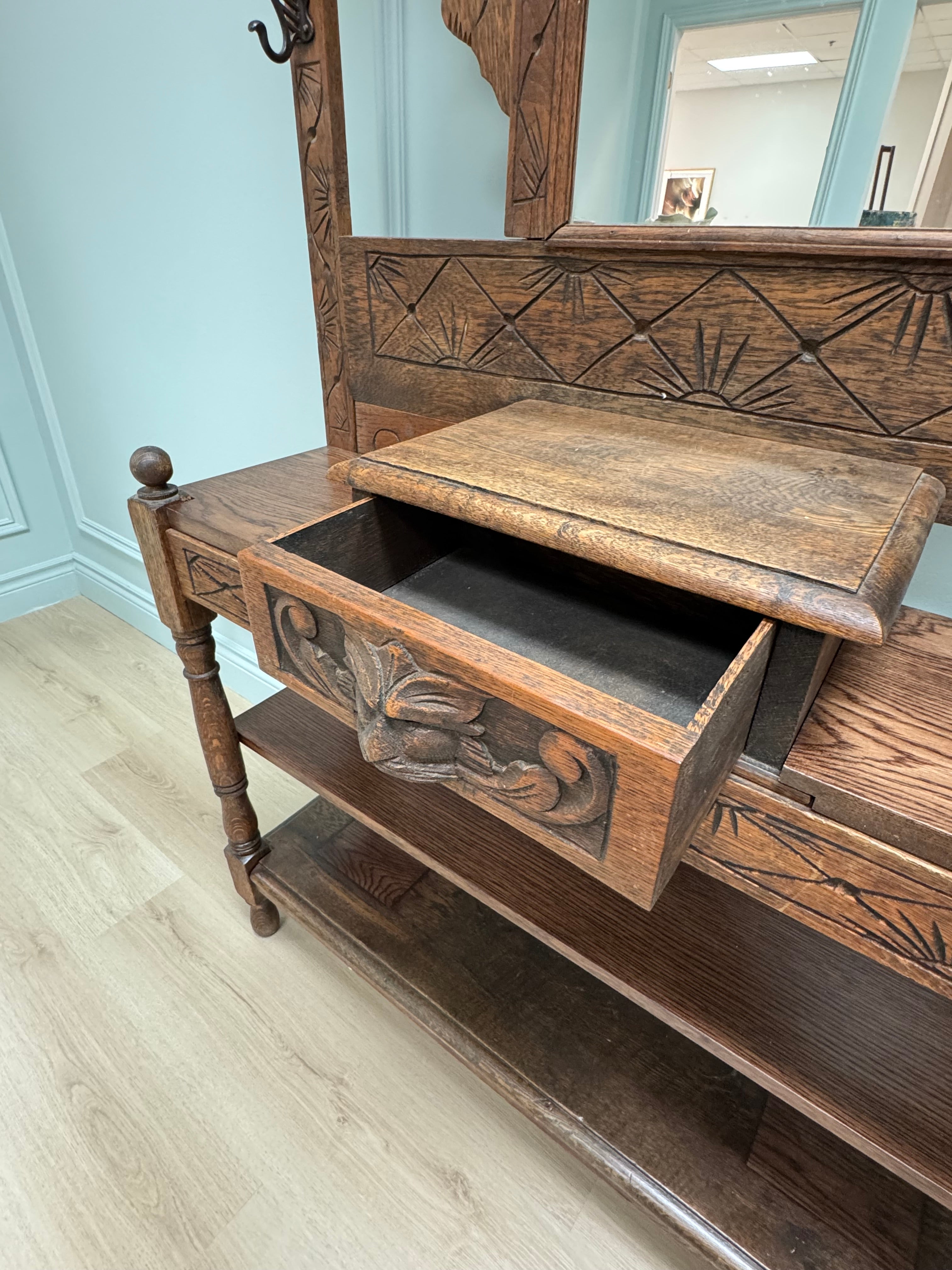 Vintage Carved Wood Hall Stand with Mirror